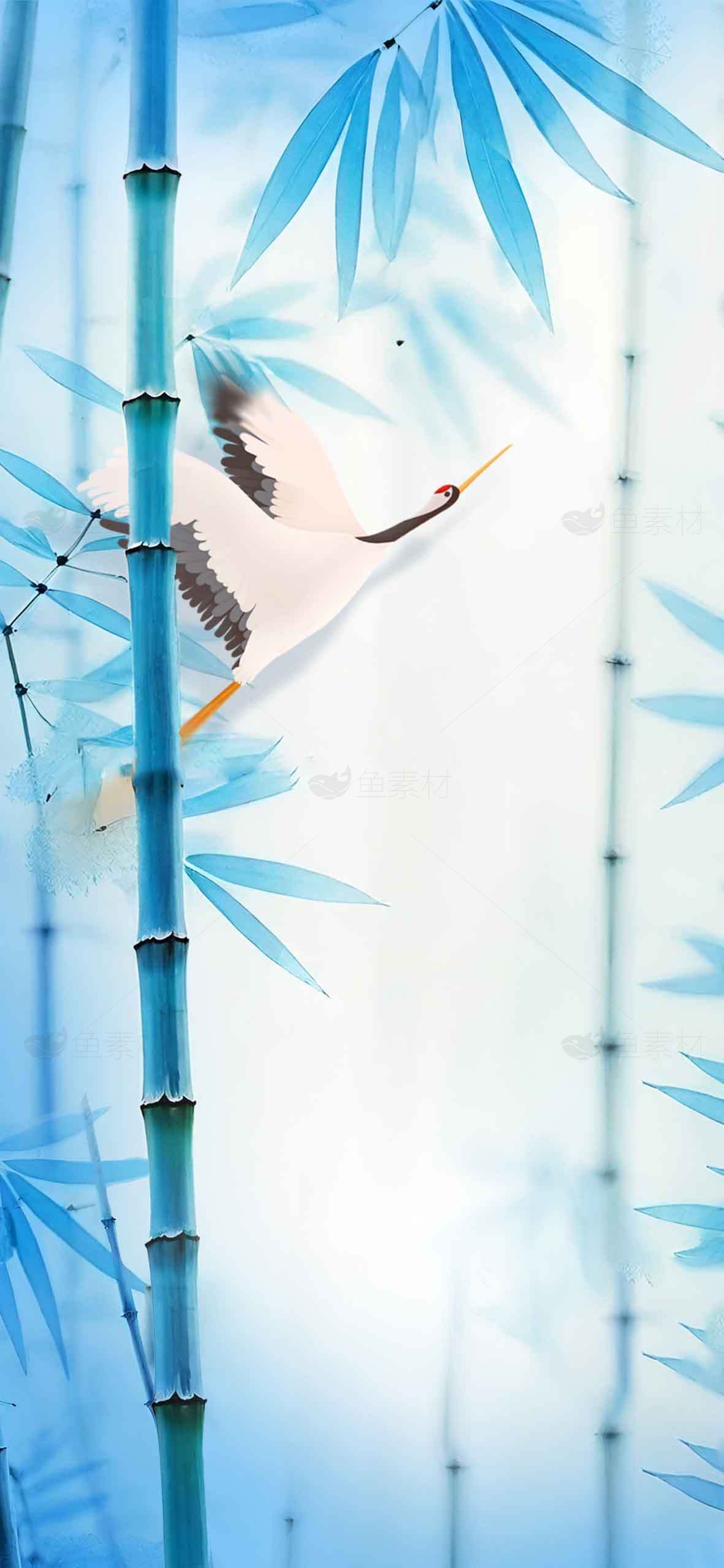 蓝色竹林与飞鹤唯美意境壁纸素材