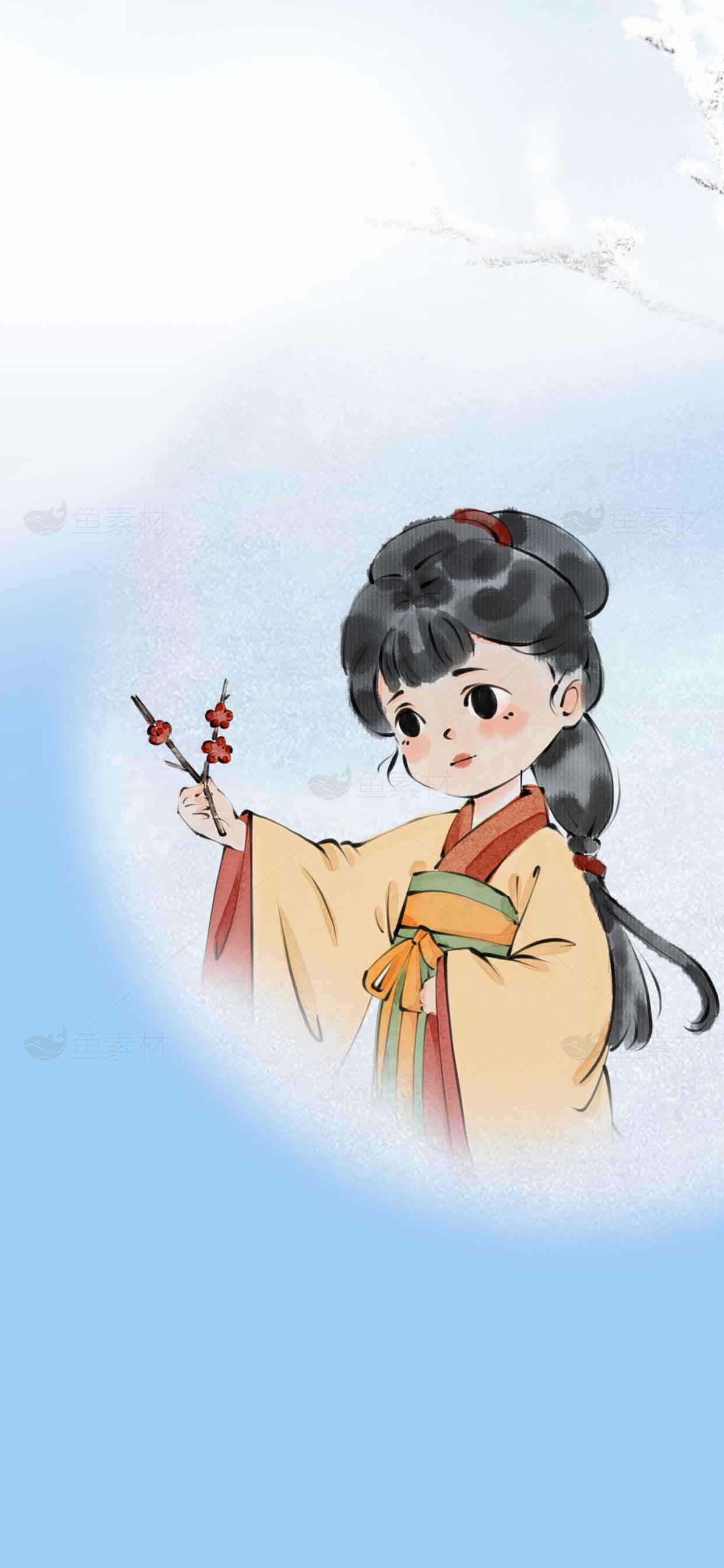 古风插画少女手持红梅唯美背景素材