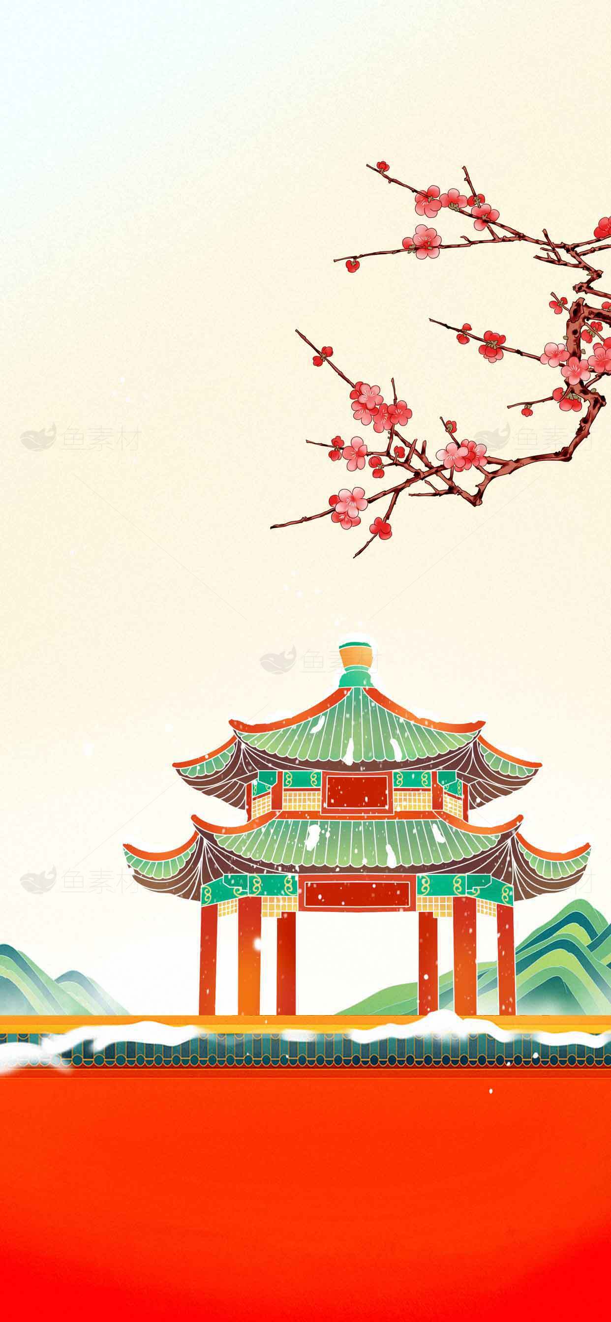 中国传统建筑与春日桃花背景插画素材