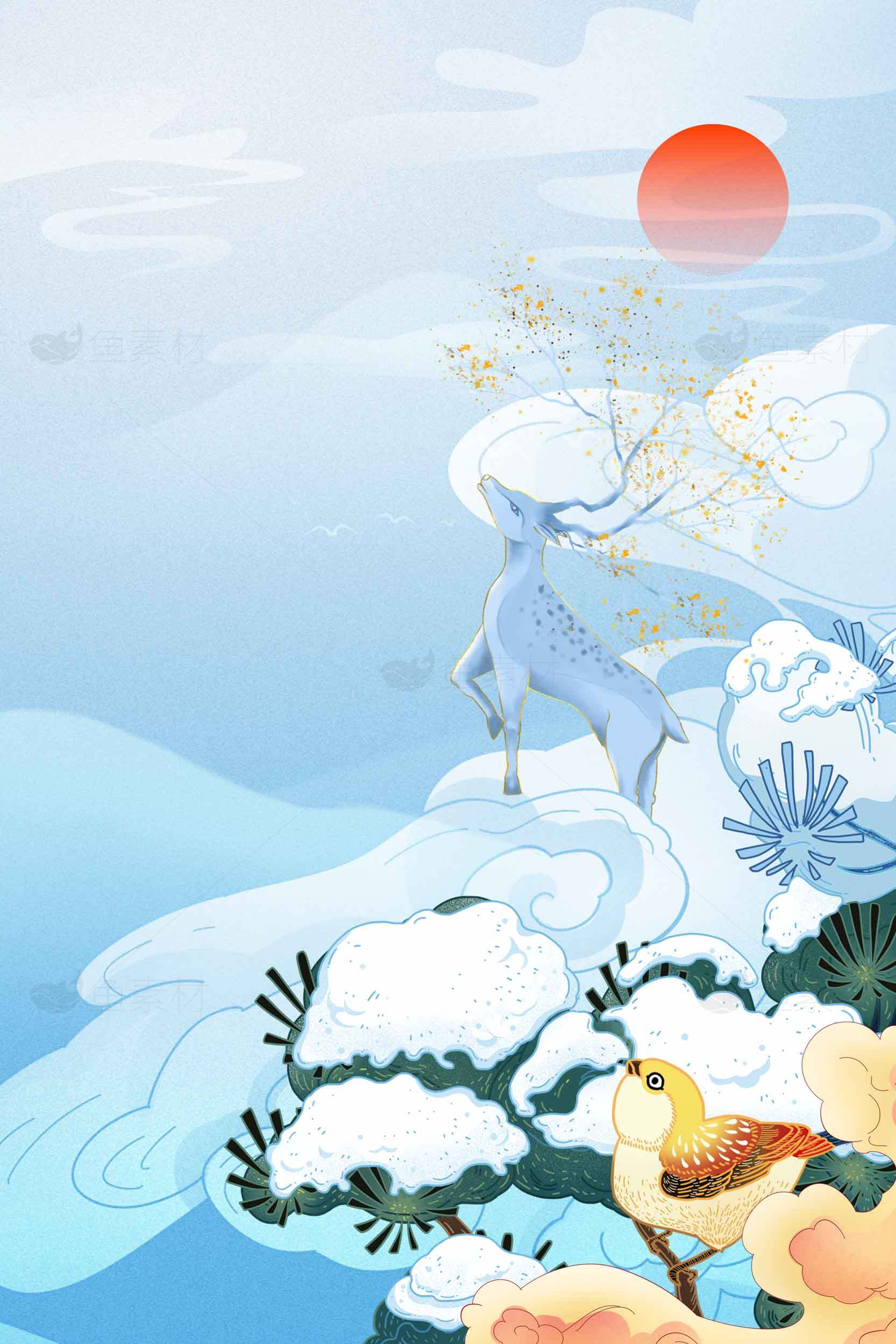 唯美中国风山水画鹿与日出场景素材