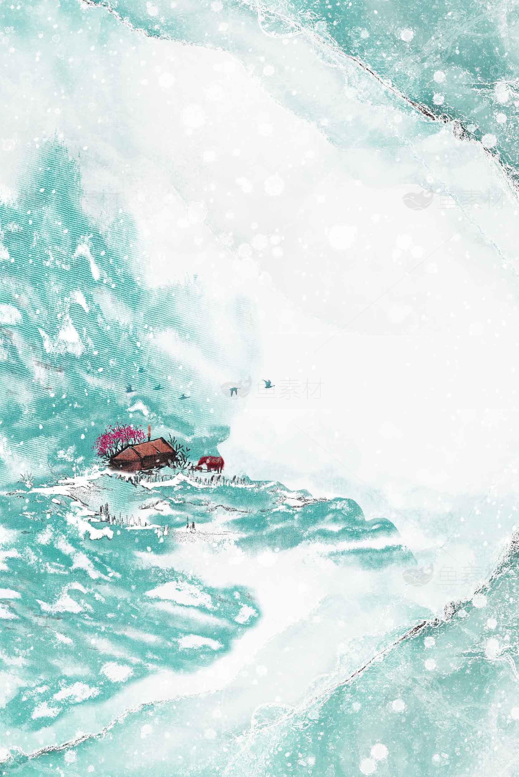 冬季雪景水墨画唯美意境图片素材