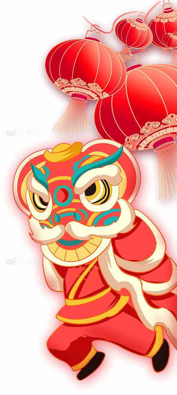 春节舞狮与红灯笼庆祝中国传统节日素材