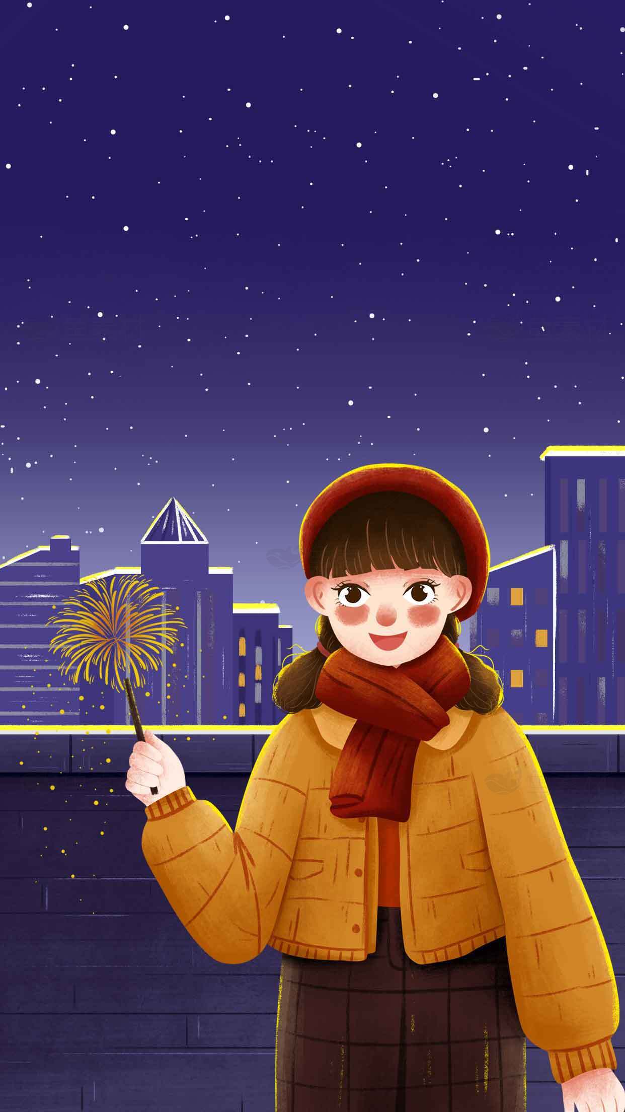 冬季夜晚城市屋顶上的温暖穿搭插画素材