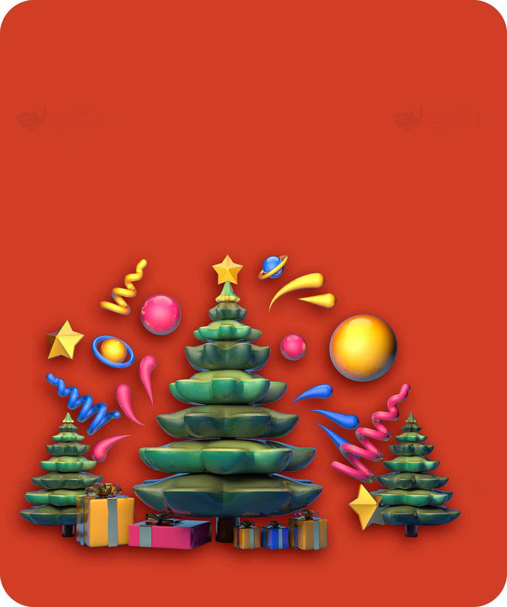 圣诞节红色背景及圣诞树装饰素材图片