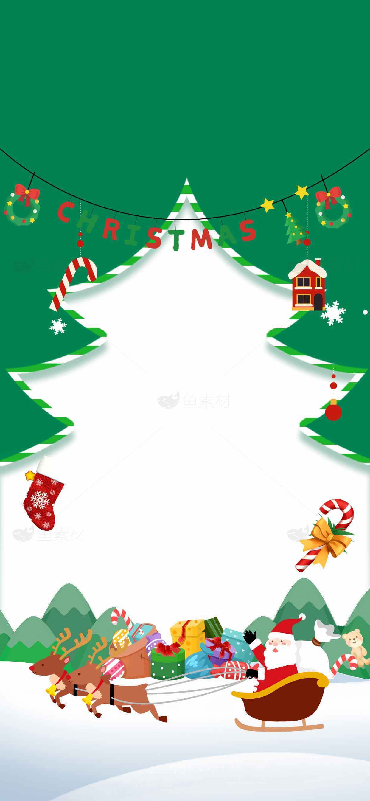 圣诞节绿色背景与圣诞老人雪橇插画设计素材