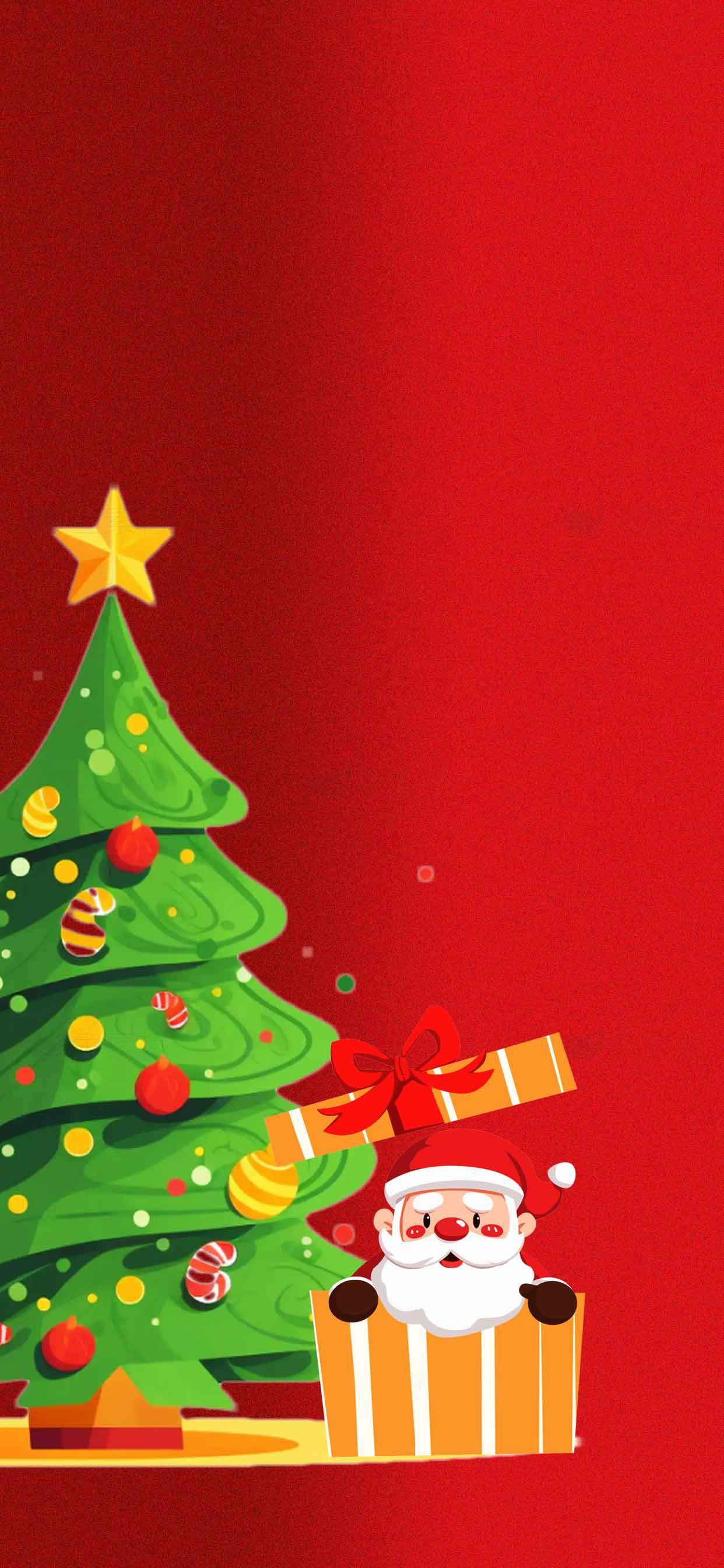 圣诞节红色背景图片-圣诞树与圣诞老人插画素材