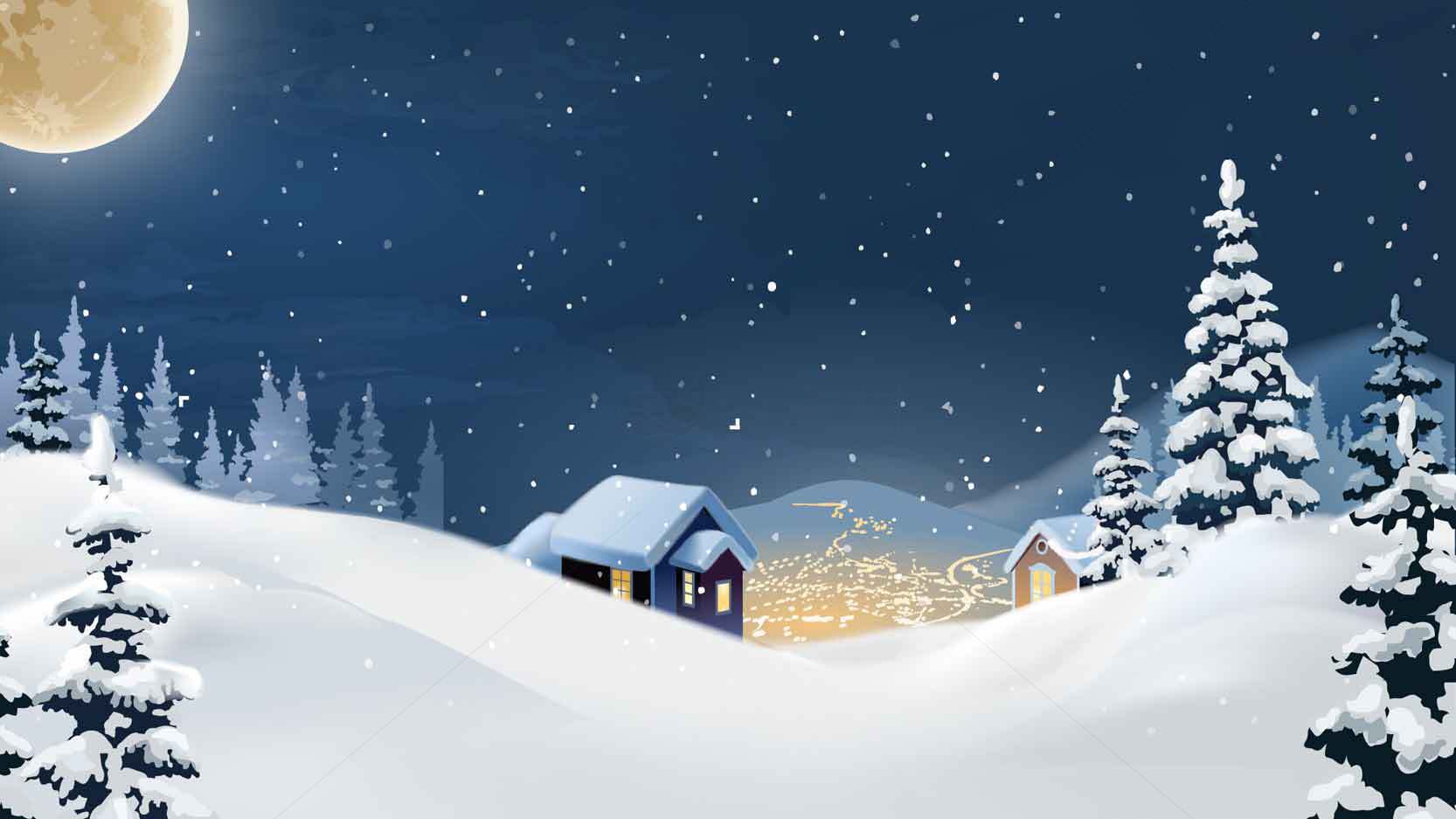 冬季雪景夜晚乡村风光高清壁纸素材