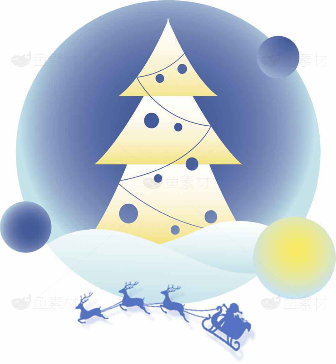 圣诞节雪景插画：圣诞树与麋鹿雪橇素材
