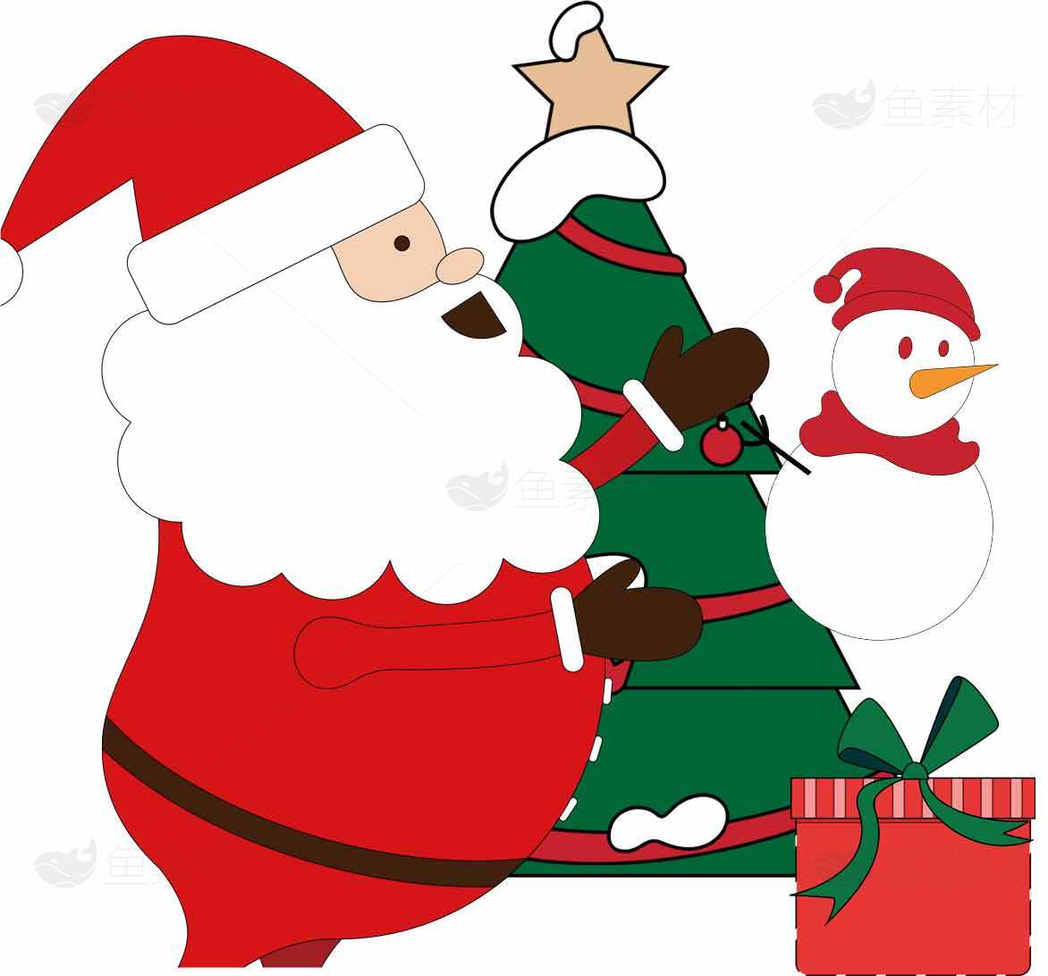 圣诞老人与雪人装饰圣诞树的节日场景素材