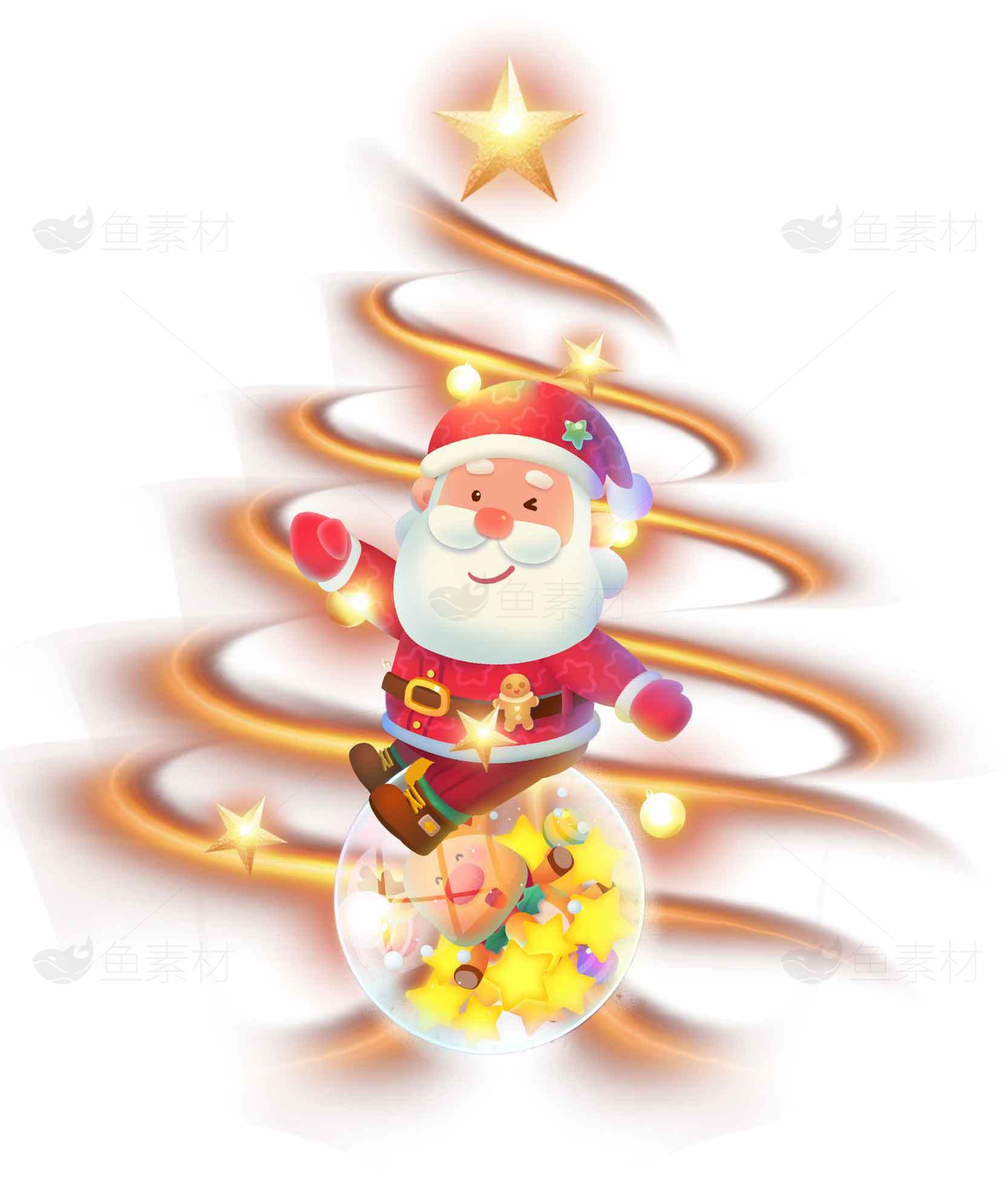 圣诞节可爱圣诞老人与金色圣诞树图片素材