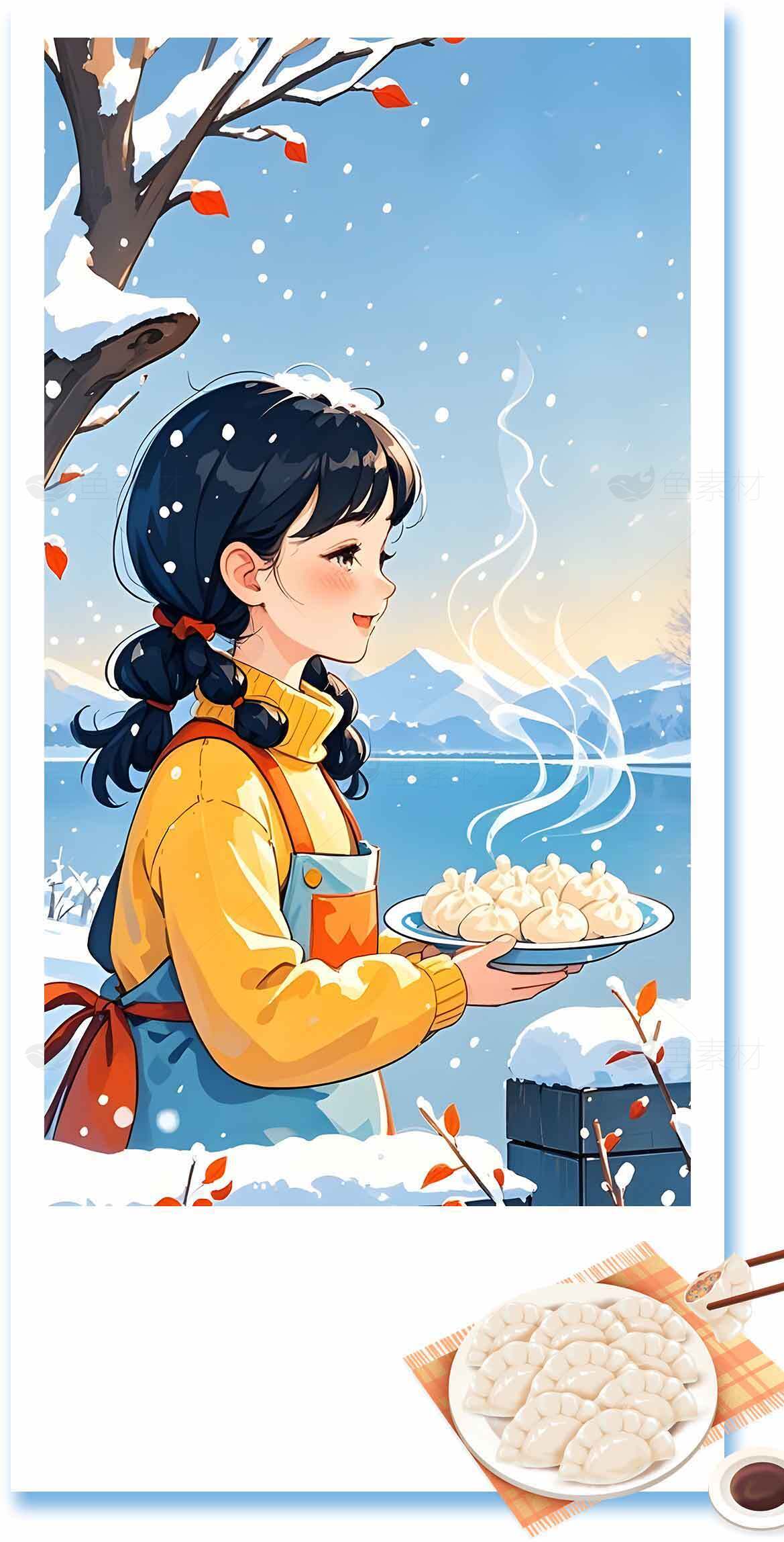 冬日雪景中的温暖美食分享插画素材
