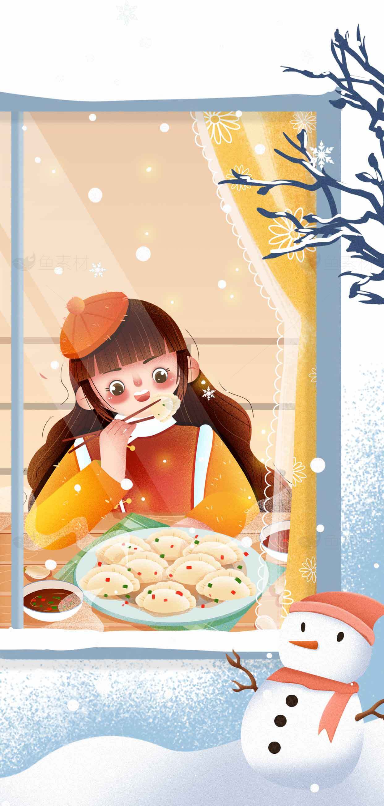冬日窗边的温馨时光：女生与雪人背景下的美味饺子素材