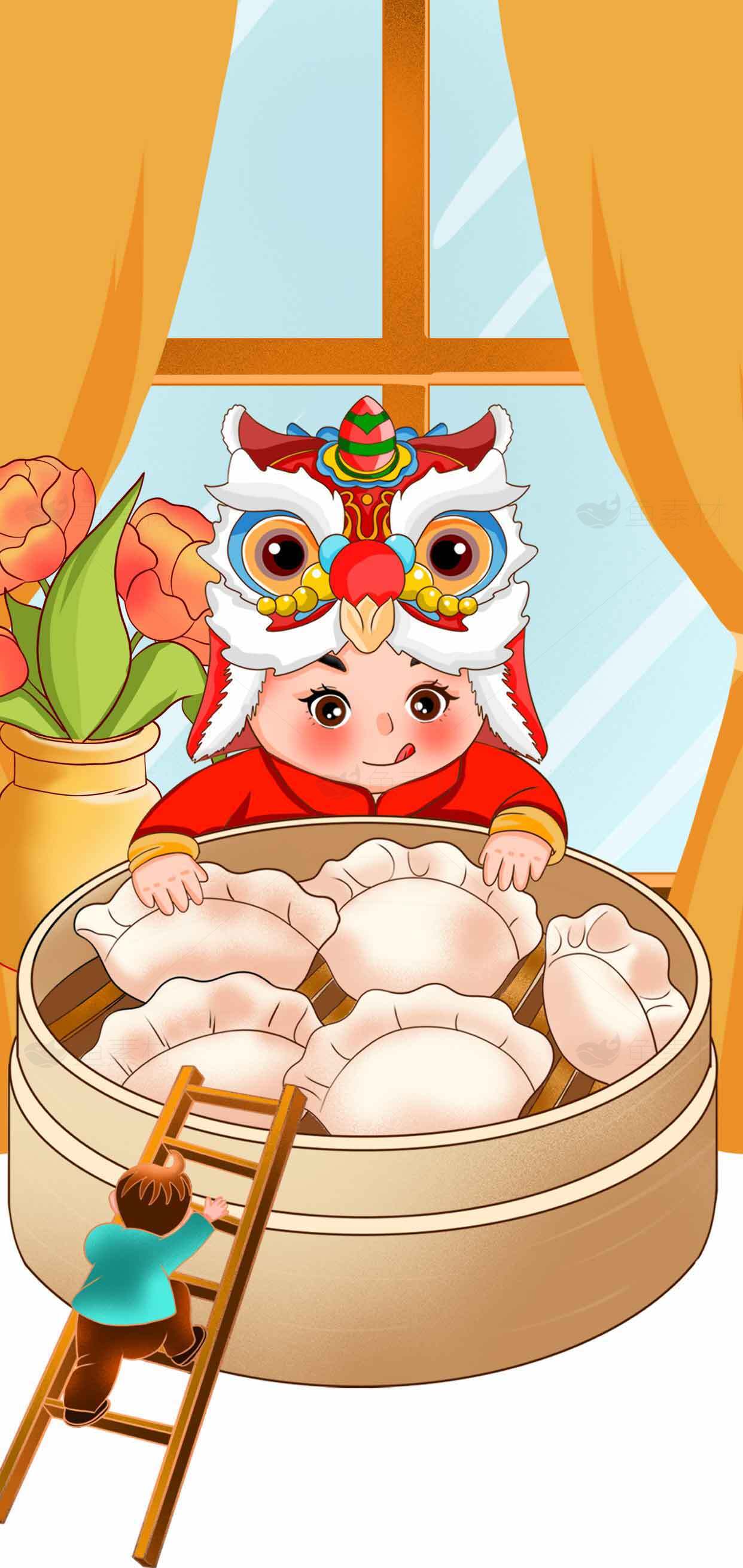 可爱儿童戴狮子头饰与蒸饺场景插画素材