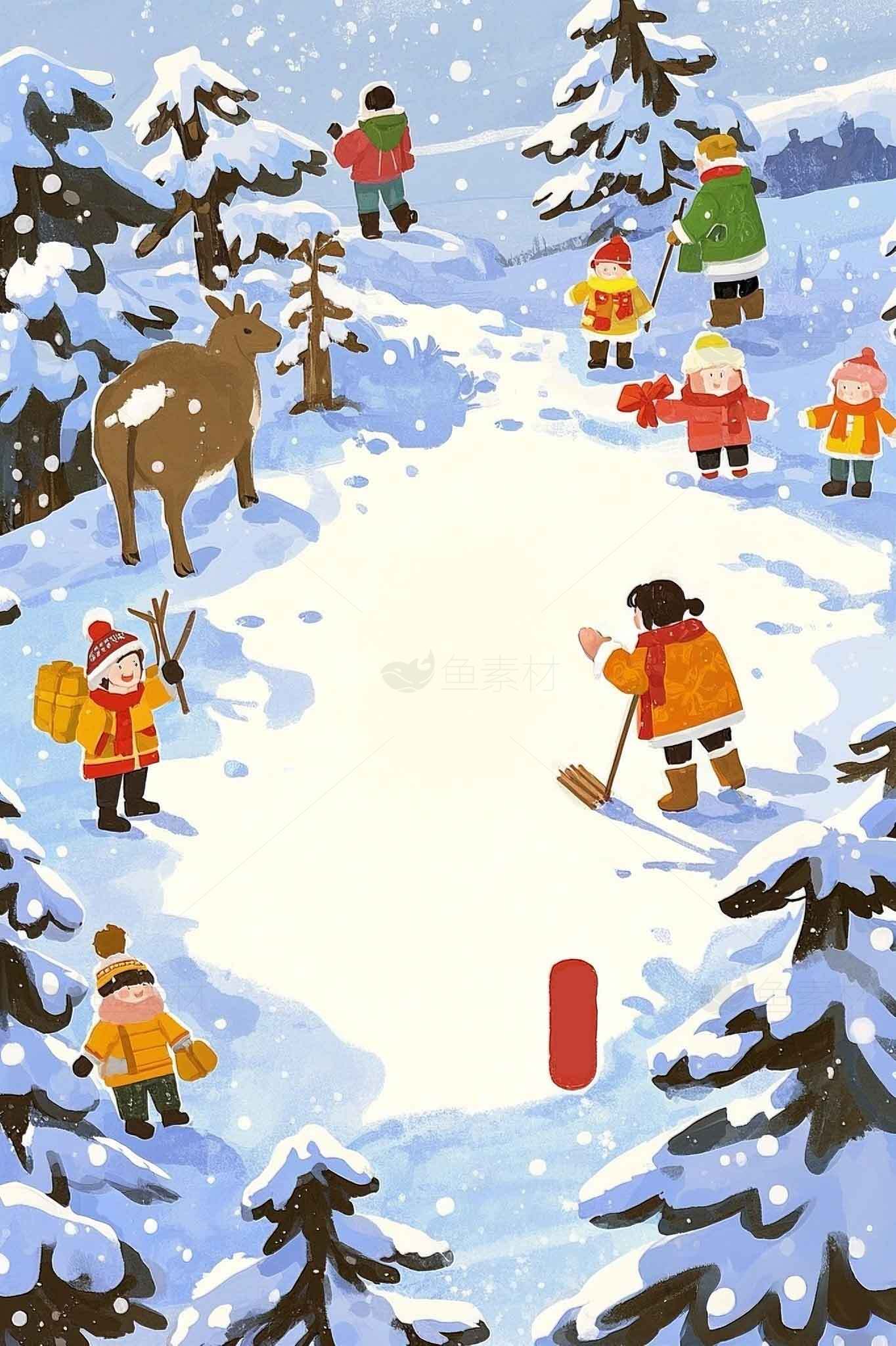 冬季雪地儿童户外活动插画素材