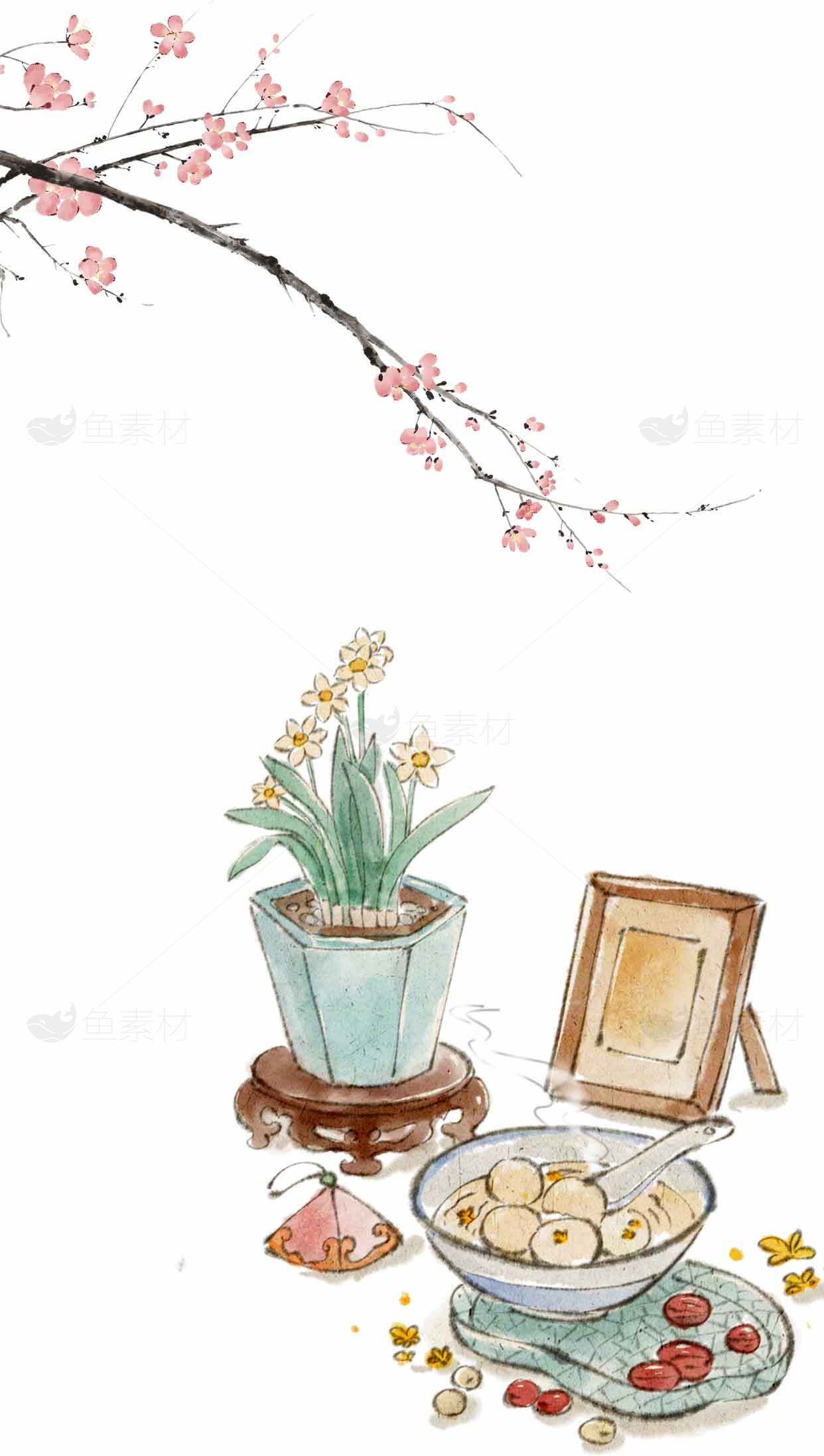 春日插画风格美食与花卉意境图素材