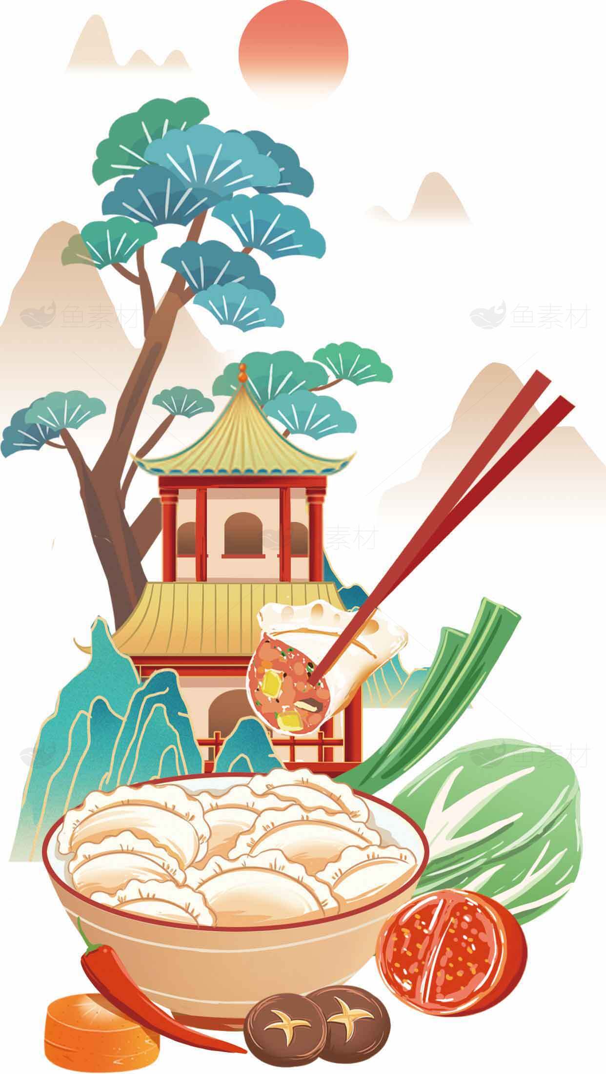 中国传统美食与山水风景插画素材