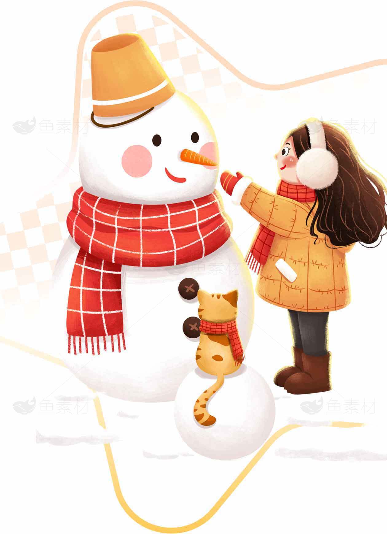 冬季雪人亲子互动插画 | 温馨冬日场景素材
