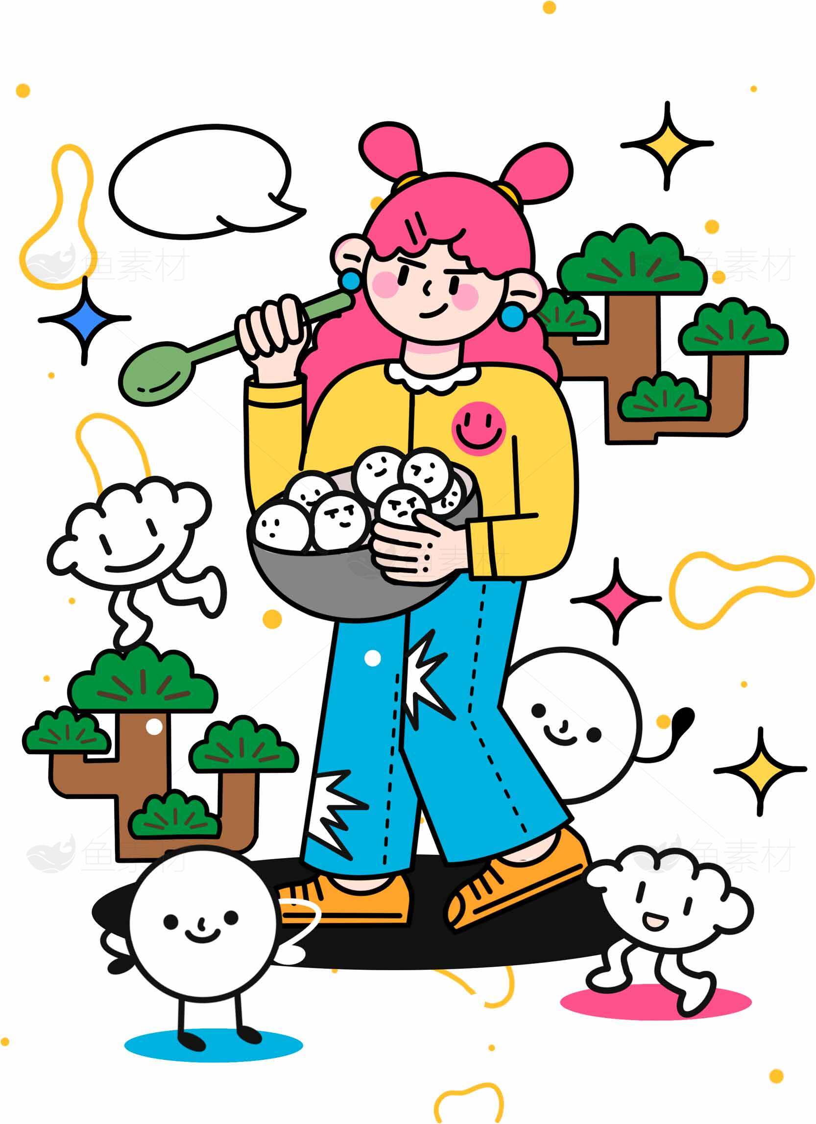 可爱卡通风格女孩与云朵插画设计素材