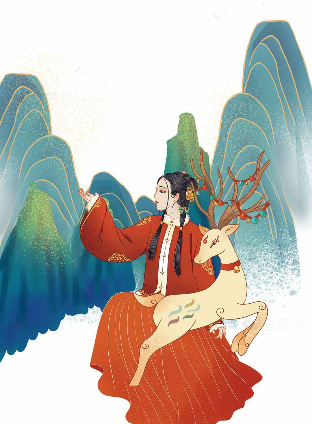 中国传统山水画风插画：仙女与灵鹿素材