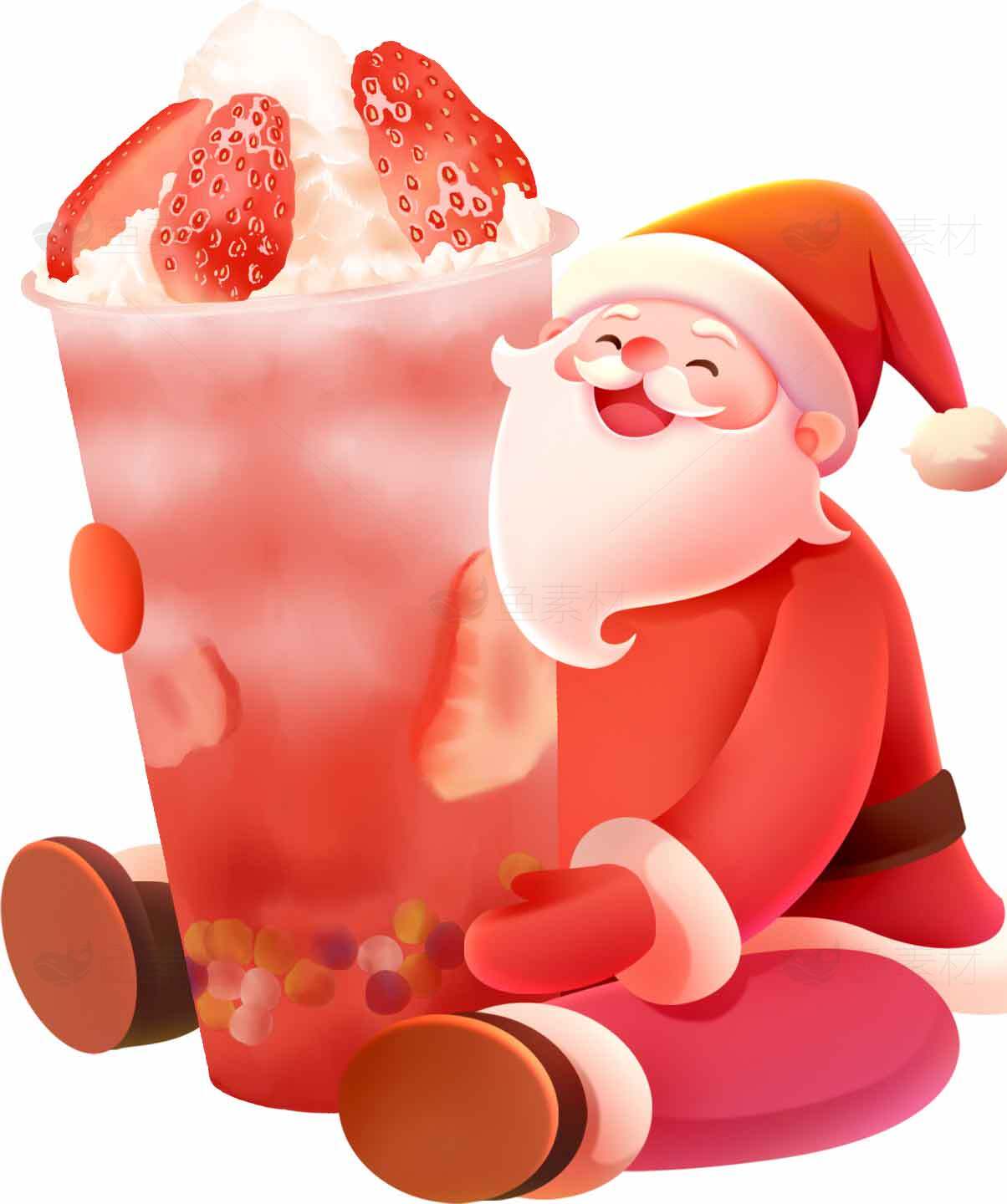 圣诞节草莓奶茶插画：圣诞老人和甜美饮品的完美结合素材