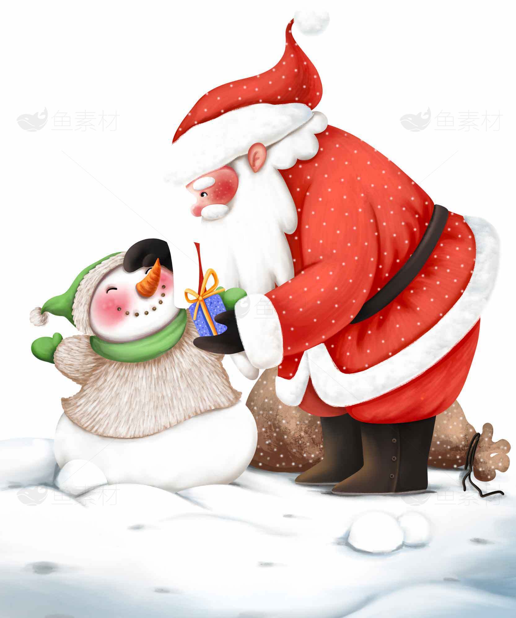 圣诞老人和雪人交换礼物的温馨场景插画素材