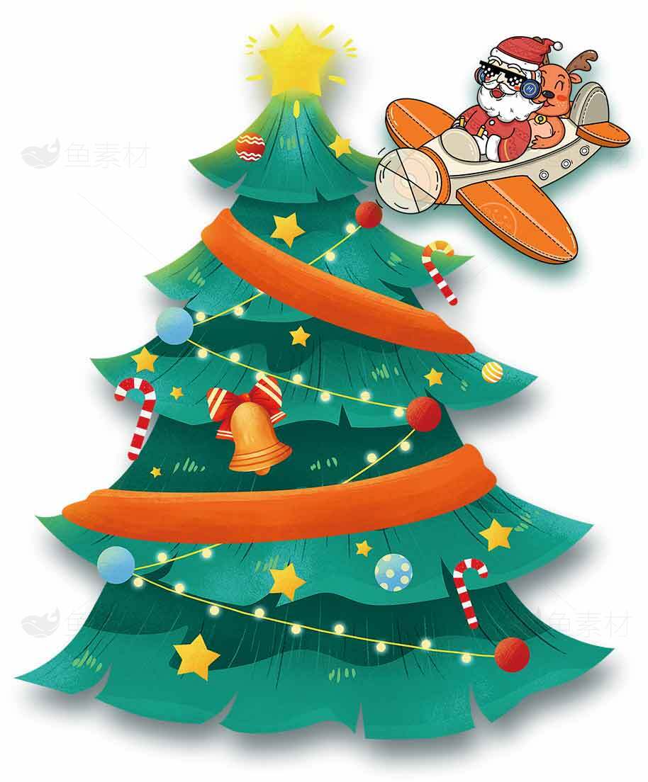 圣诞树与圣诞老人插画设计素材