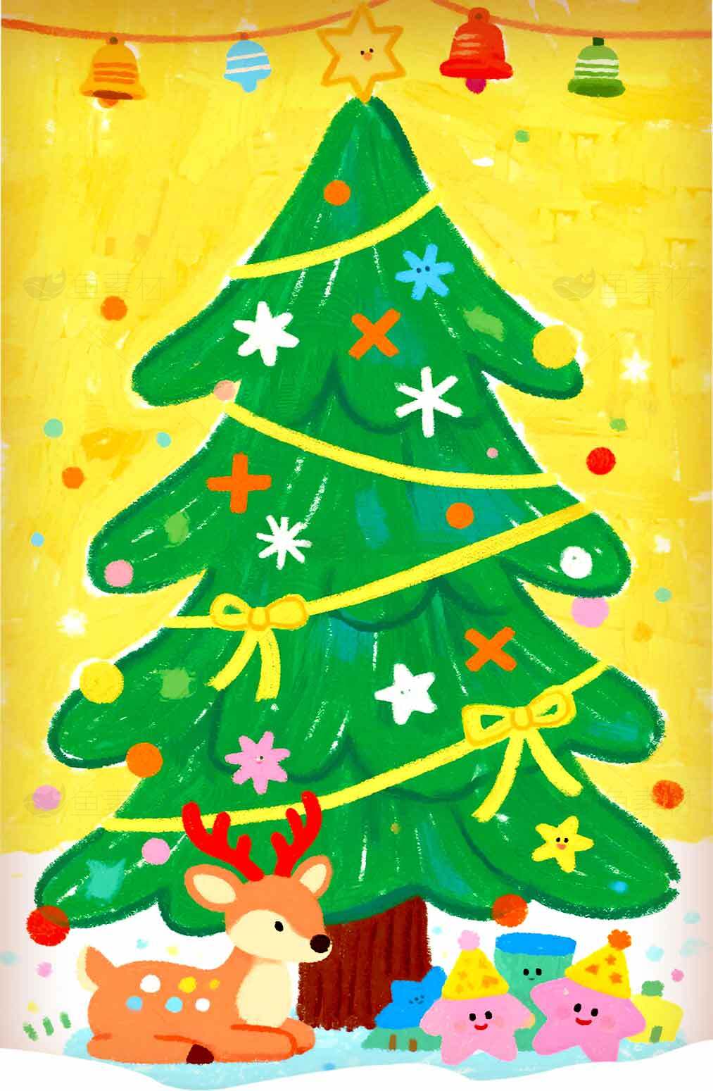 圣诞节彩绘圣诞树与麋鹿插画素材