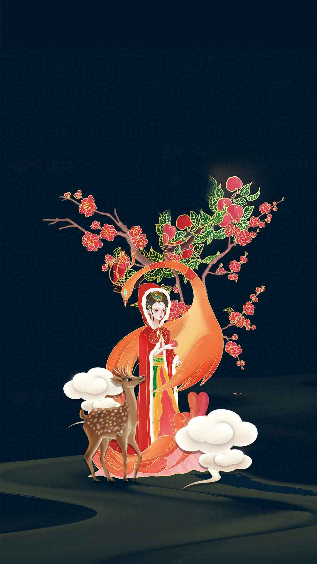 国风插画：梅花与鹿的唯美意境素材