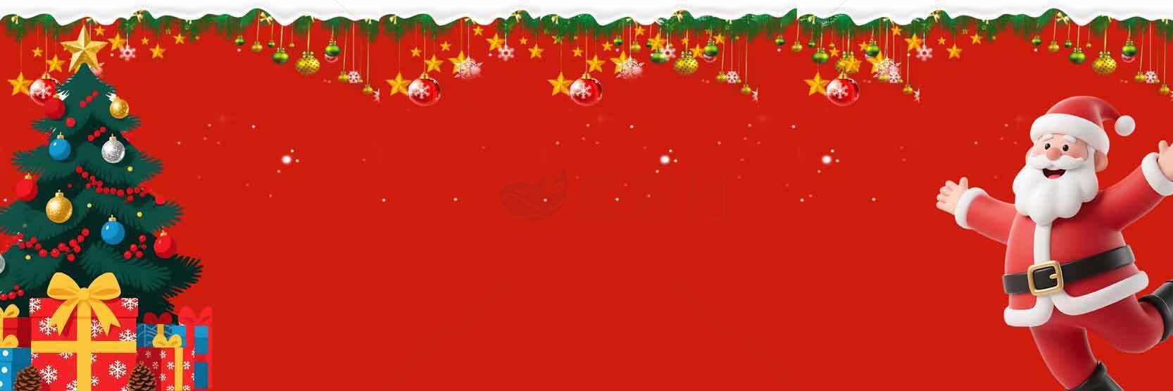 圣诞节红色背景图片：圣诞老人与圣诞树装饰素材