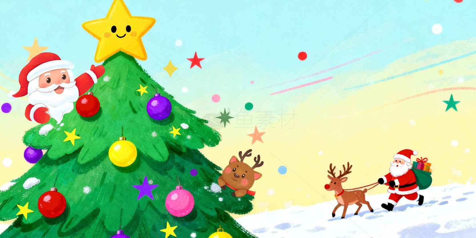 圣诞节插画：圣诞老人与驯鹿装饰圣诞树素材