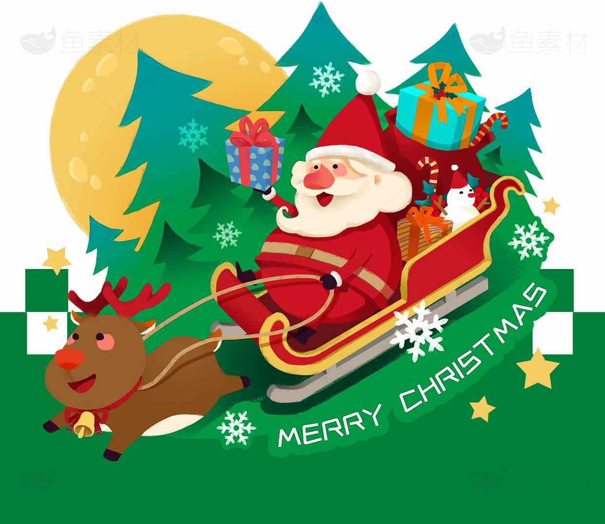 圣诞老人雪橇与驯鹿插画 | 圣诞节主题设计素材