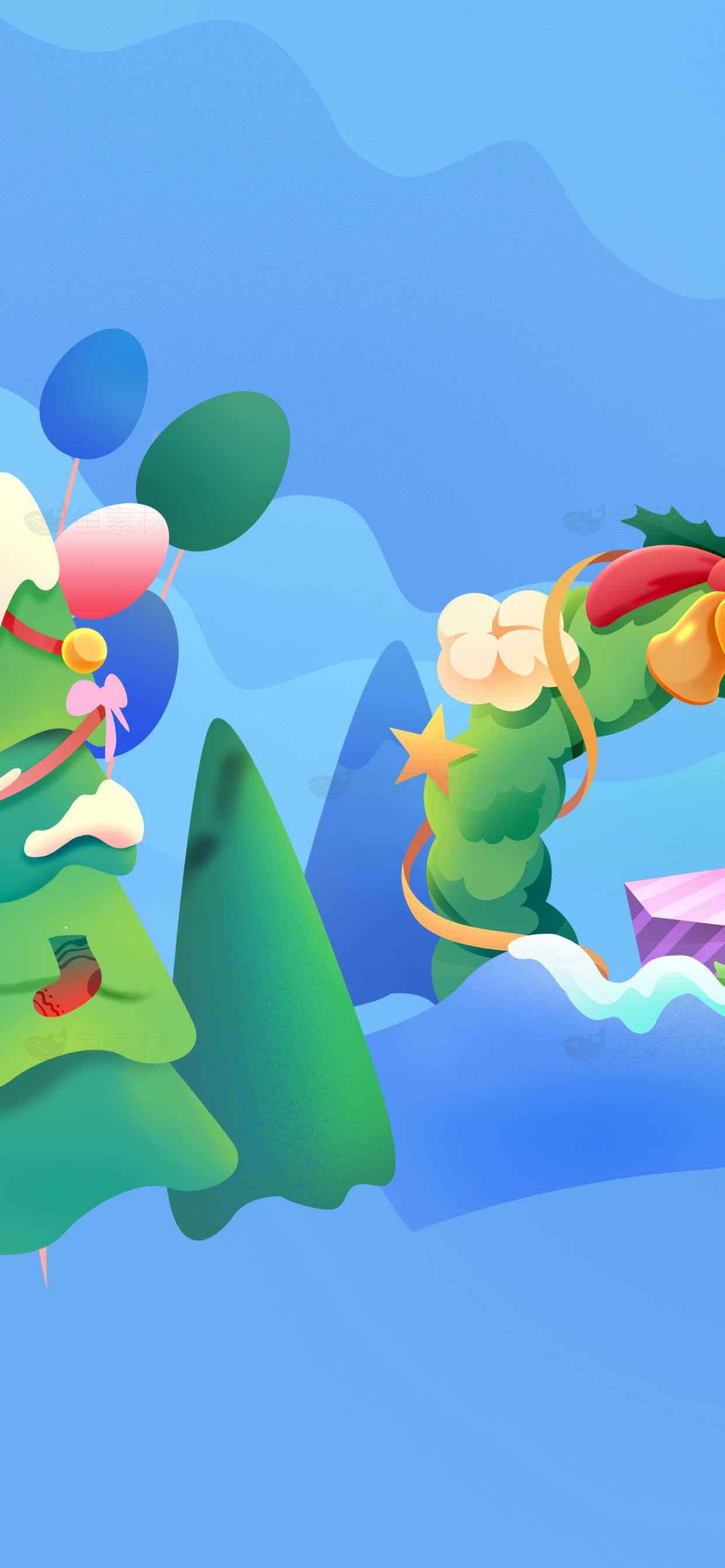 圣诞节卡通插画：节日装饰与冬季景色素材