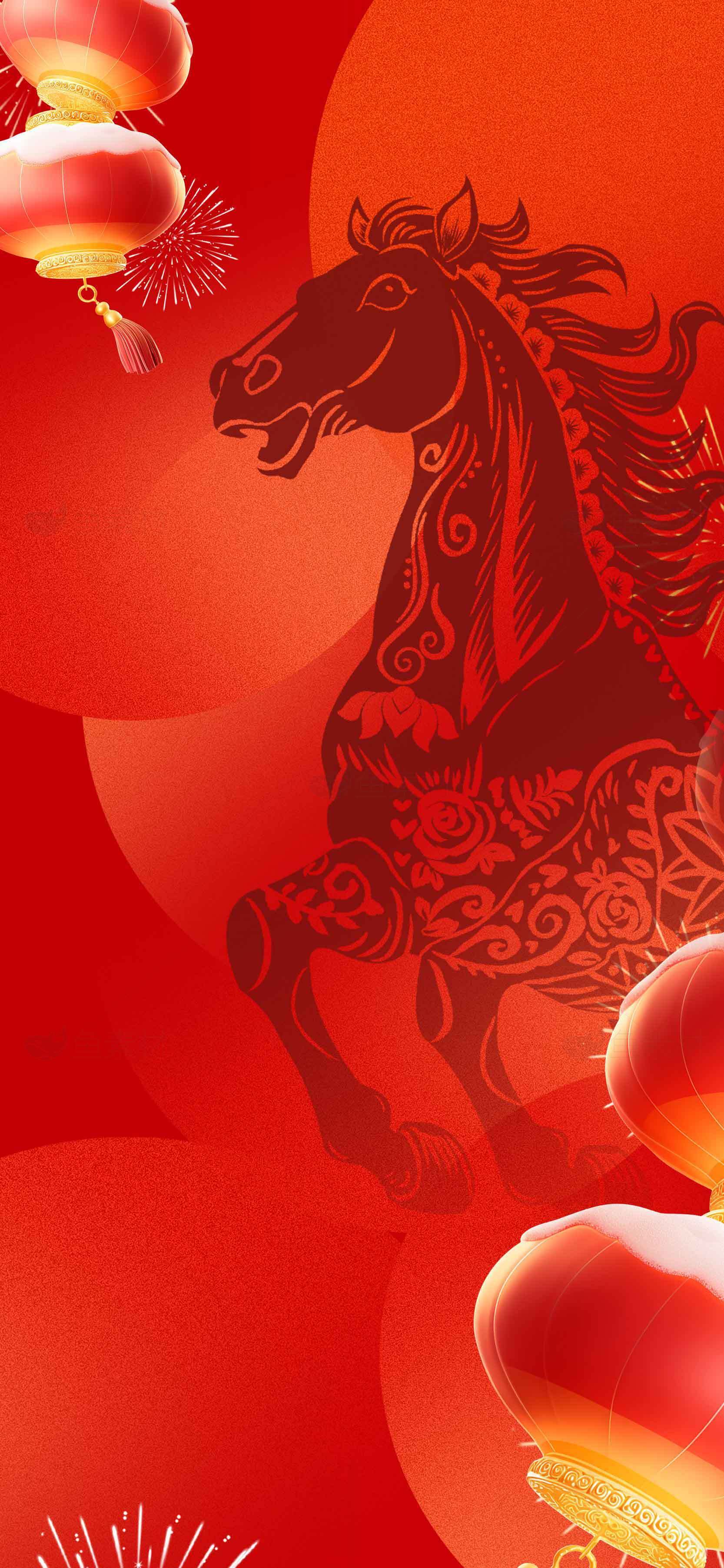 中国新年红色背景，马与灯笼元素设计素材