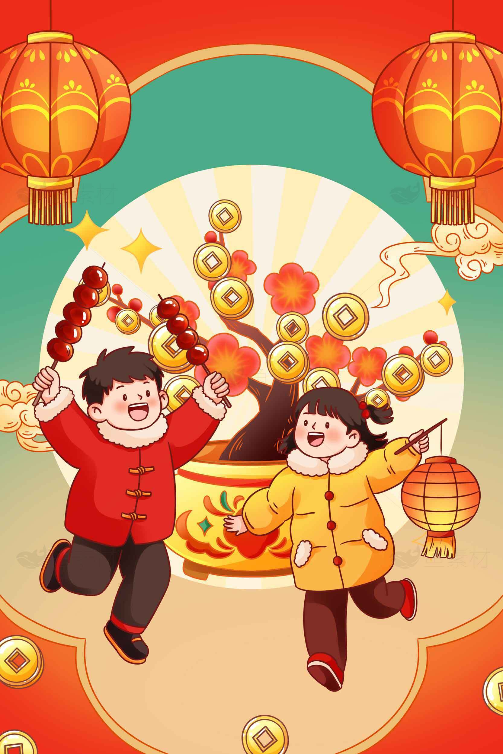 春节喜庆插画：儿童欢庆中国传统节日素材