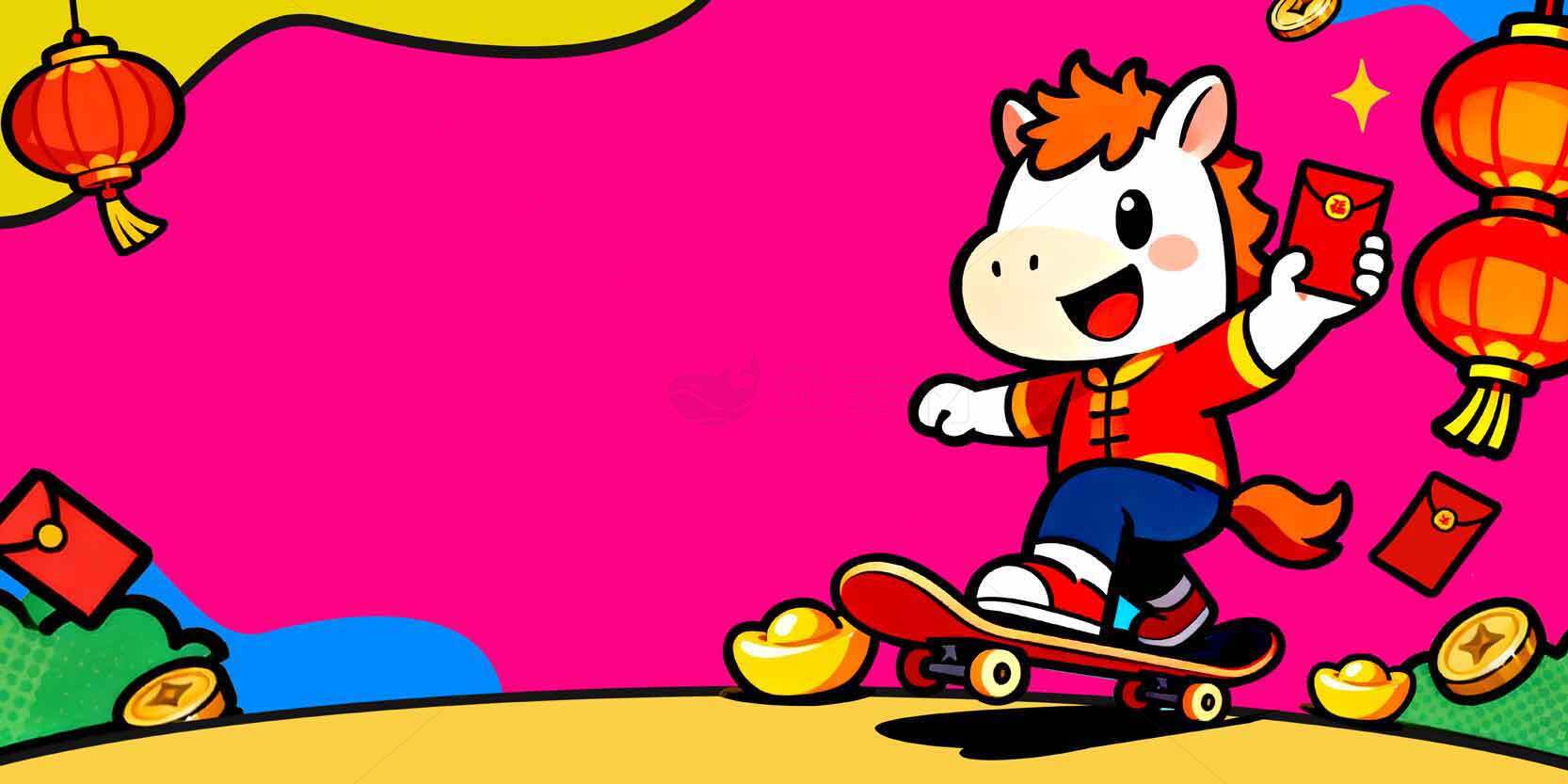 可爱卡通小马滑板新年插画素材