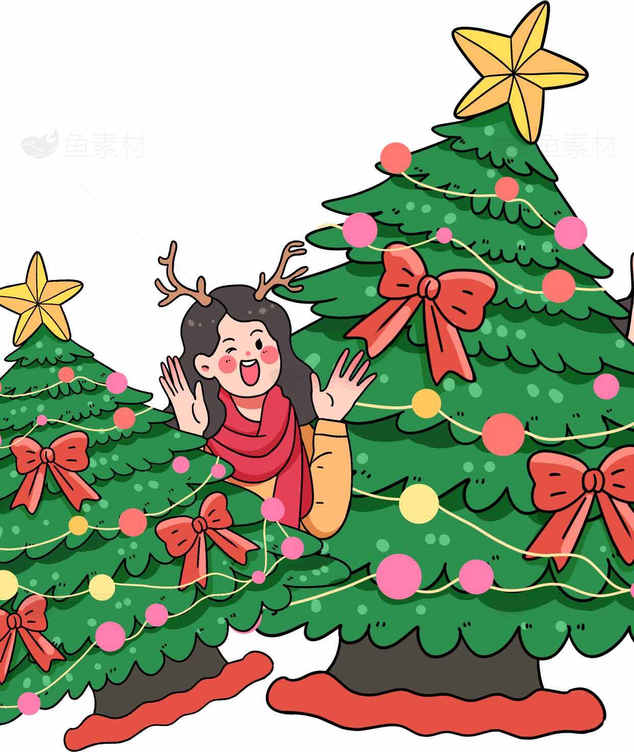 圣诞节女孩与装饰圣诞树插画图片素材