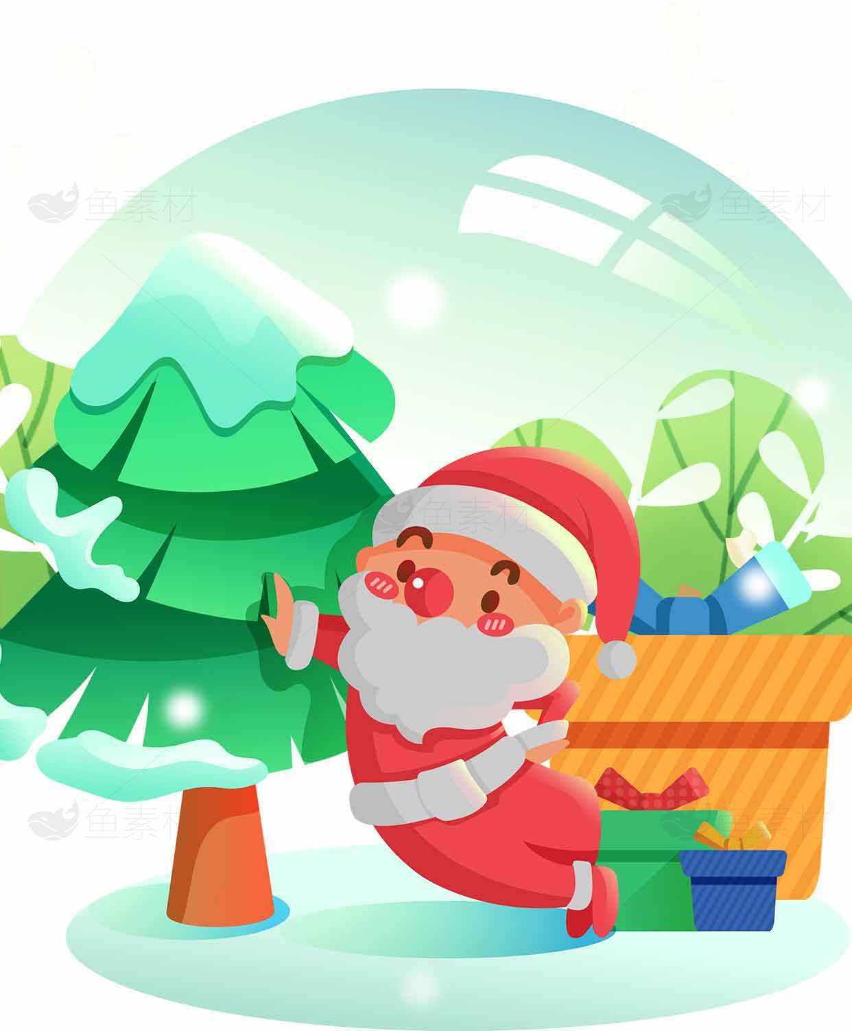 圣诞节快乐：圣诞老人与礼物的卡通插画素材