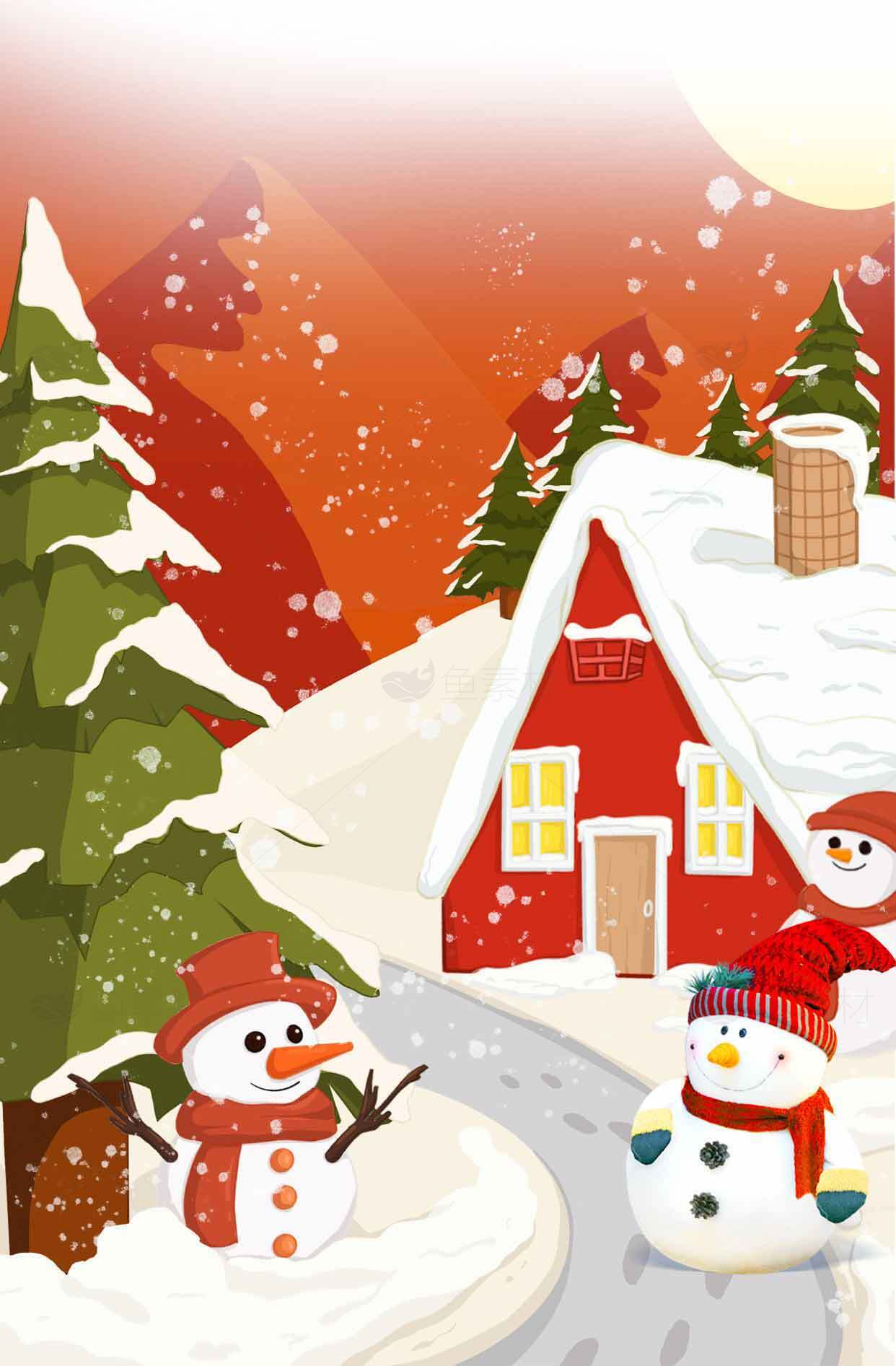 冬季雪景与雪人插画，红色小屋温馨场景素材