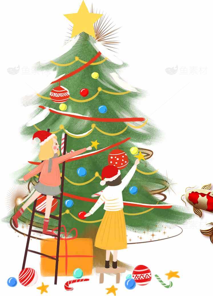 圣诞节装饰圣诞树的温馨场景插画素材