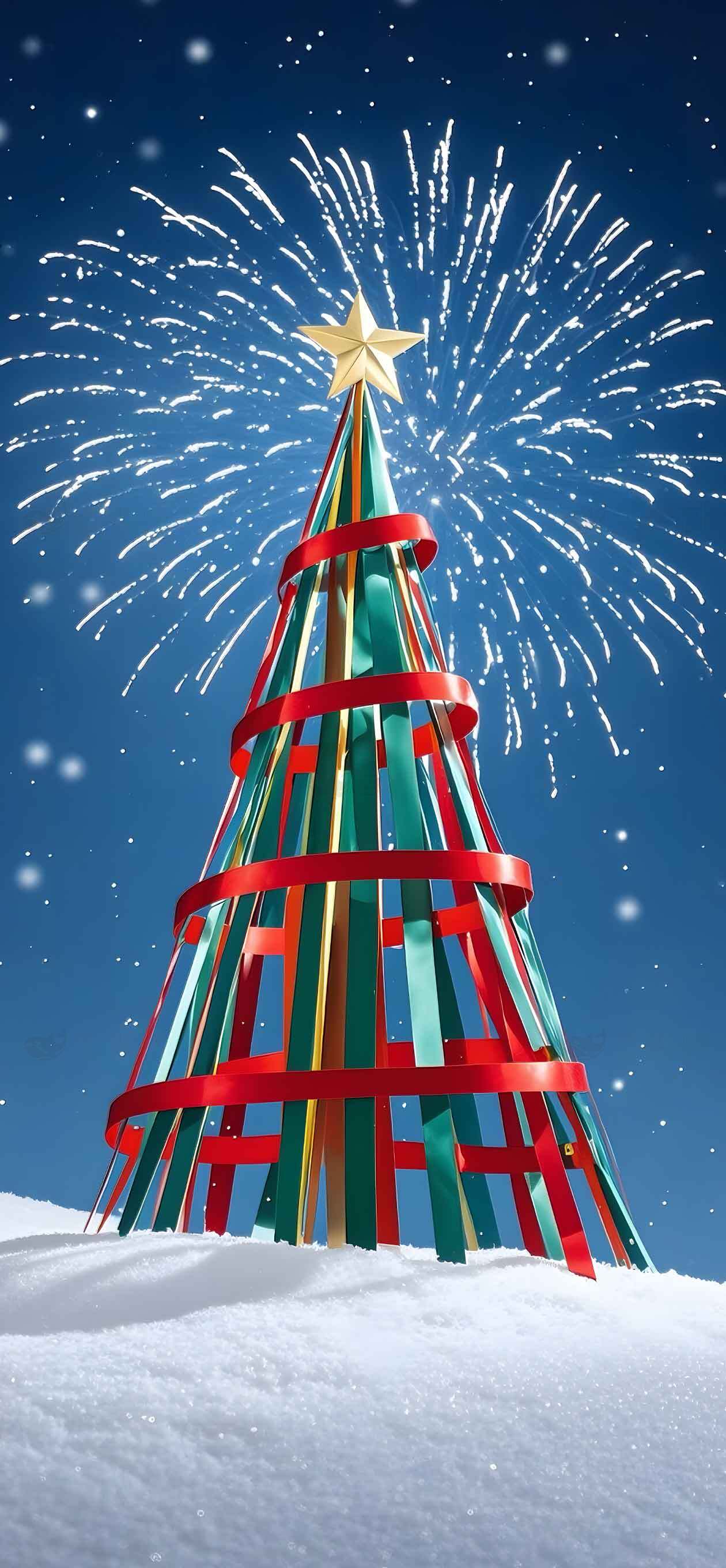 圣诞树与烟花的冬季夜景素材