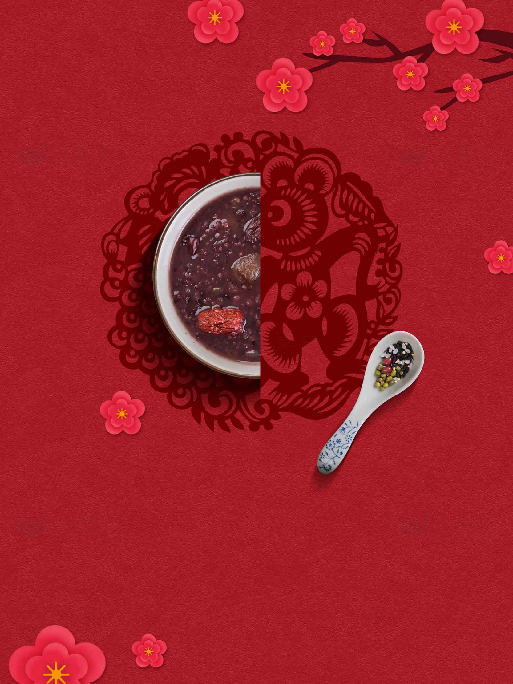 传统红色背景下的腊八粥美食图片素材