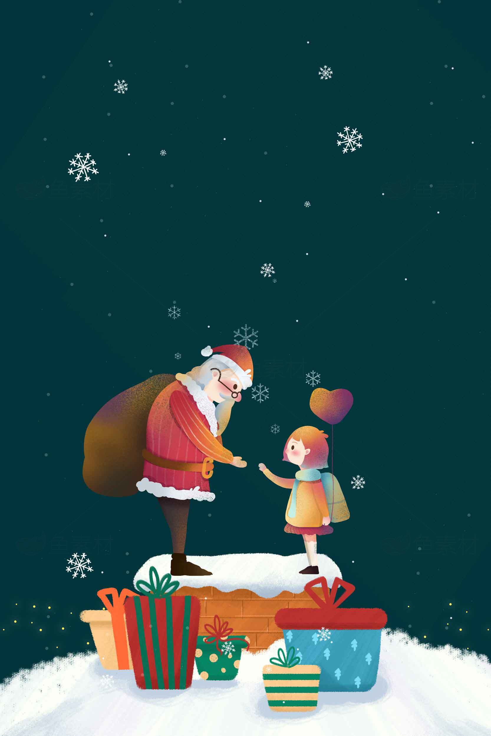 圣诞老人和小女孩的温馨冬季夜晚插画素材
