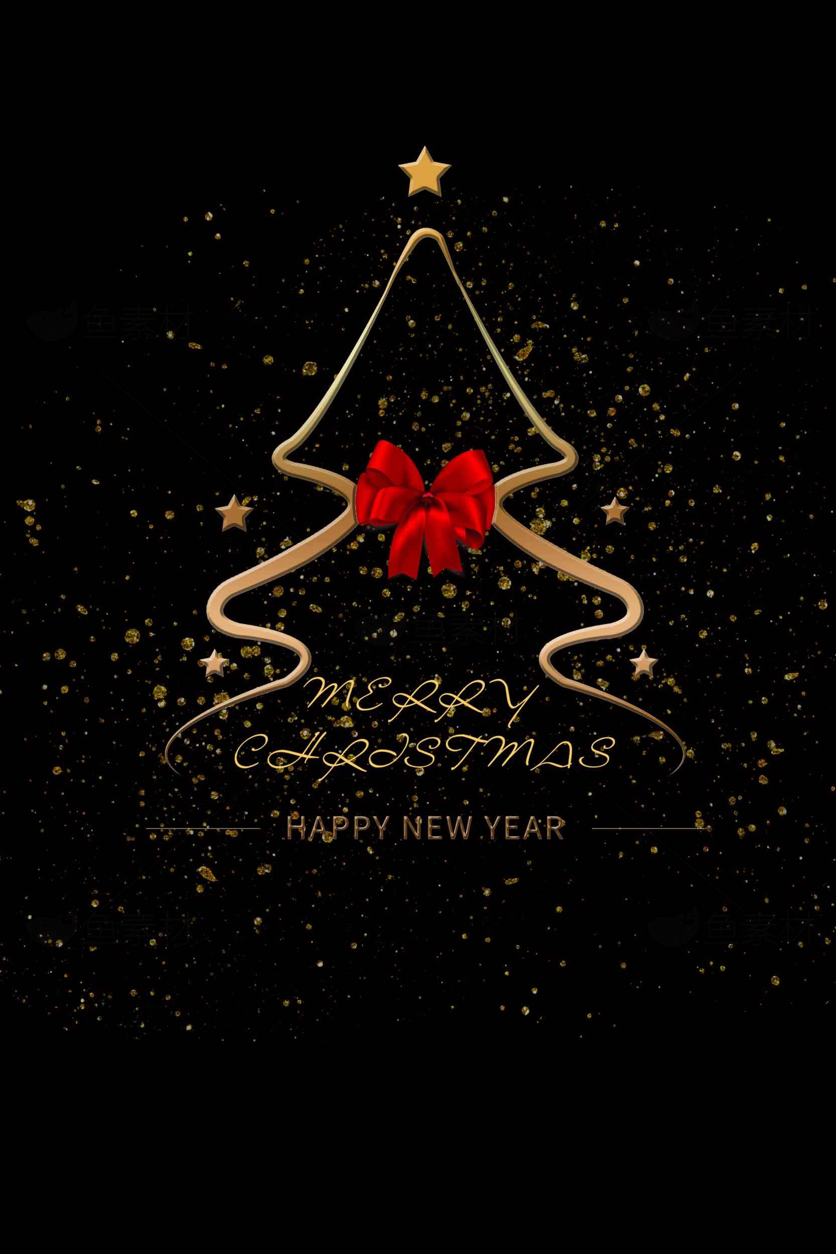 圣诞节金色树形设计与红色蝴蝶结祝福图片素材