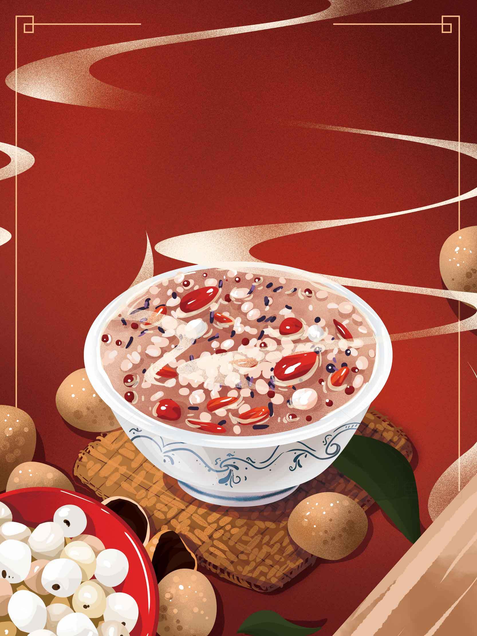 养生八宝粥图片-红色背景健康美食素材