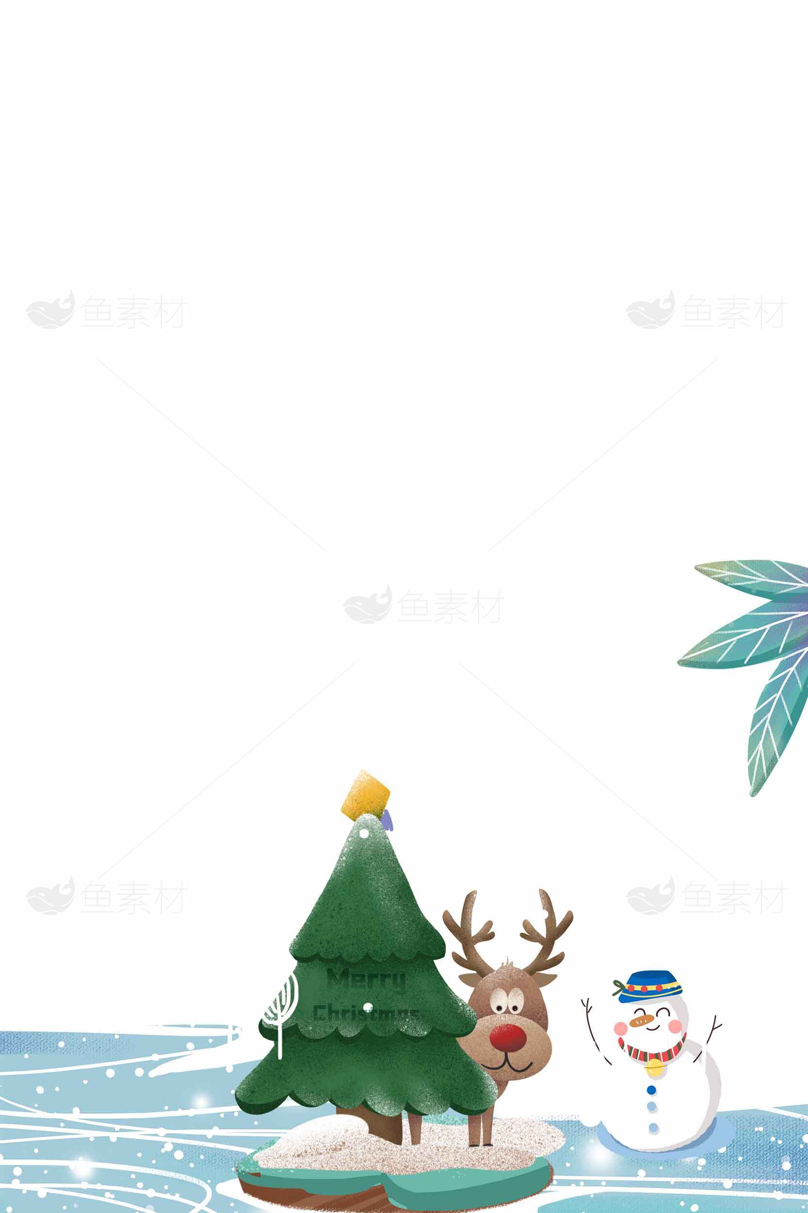 圣诞节卡通插画：圣诞树、驯鹿与雪人背景图素材