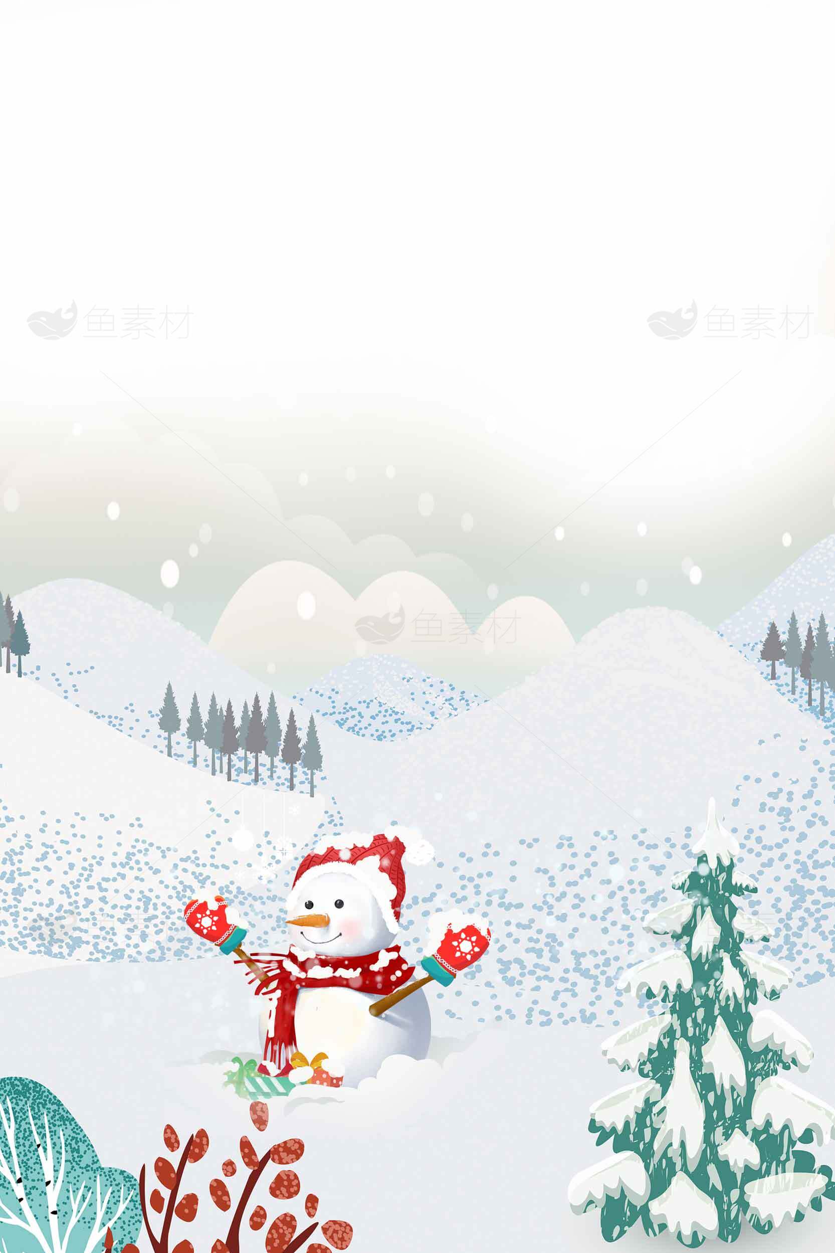 冬季雪景插画：可爱雪人和雪地风光素材