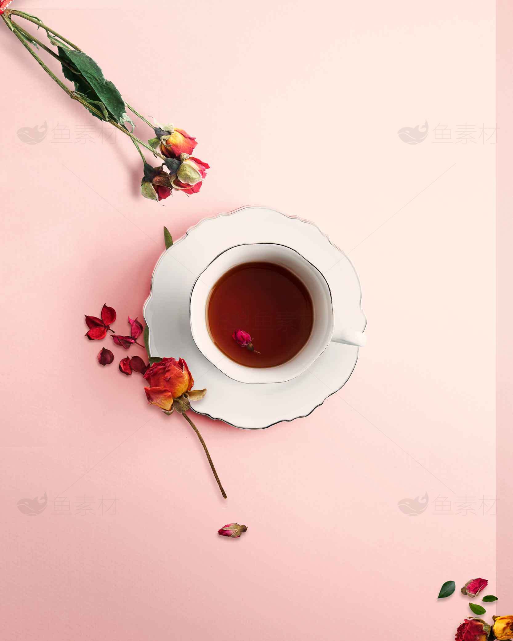 浪漫玫瑰茶与粉色背景的唯美静物摄影素材