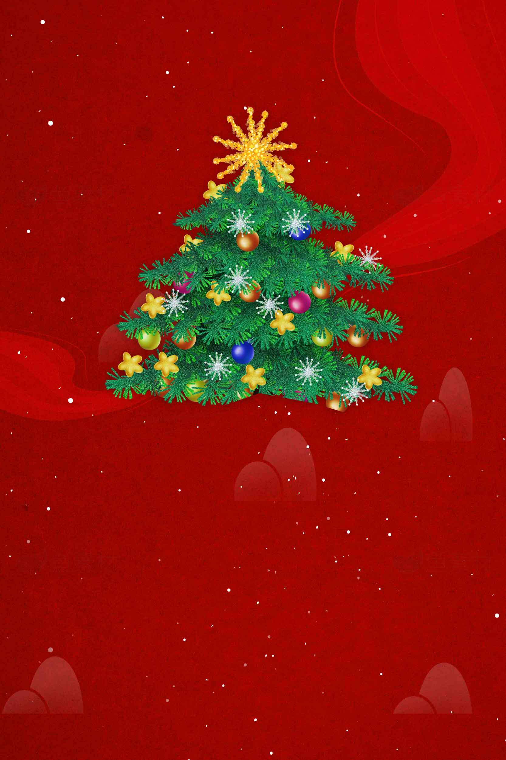 圣诞节红色背景与装饰圣诞树图片素材
