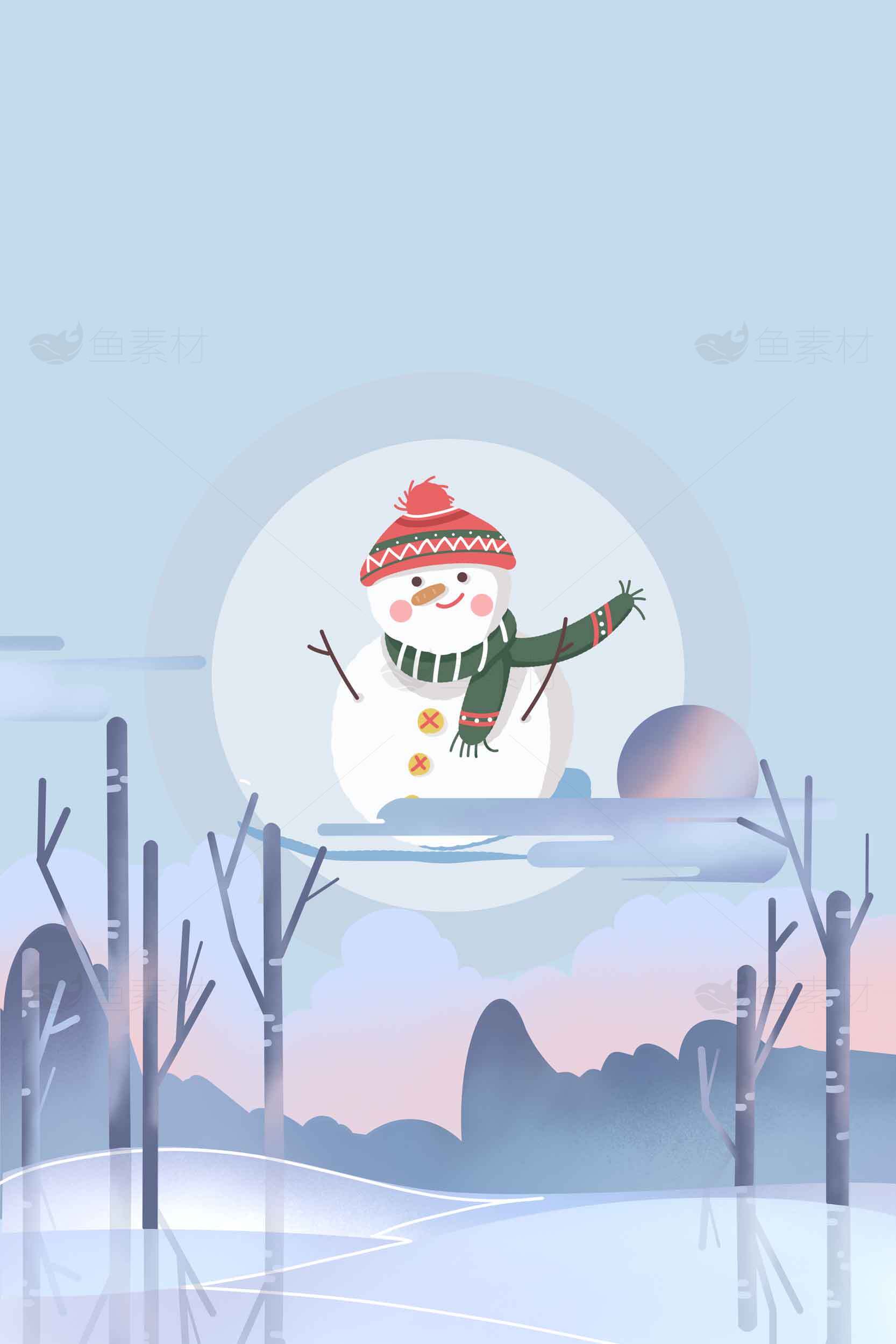 冬季雪人插画背景 | 冬日童话风景素材