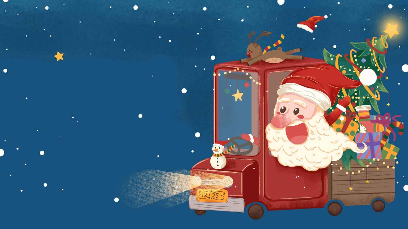 圣诞老人驾驶礼物车的卡通插画素材